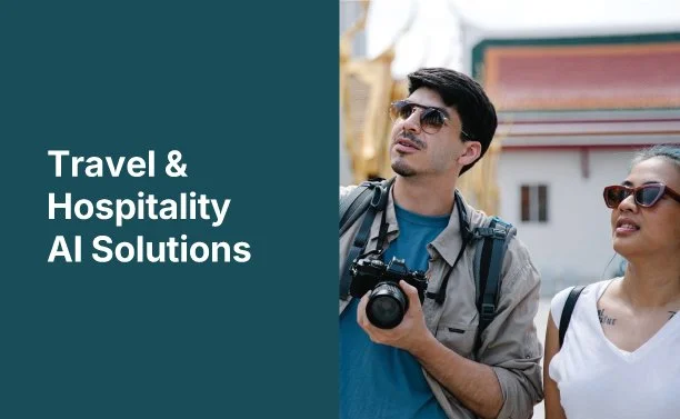 Travelers with a backpack and camera standing outside near a sign, with a blue overlay on the left displaying the text 'Travel & Hospitality AI Solutions'