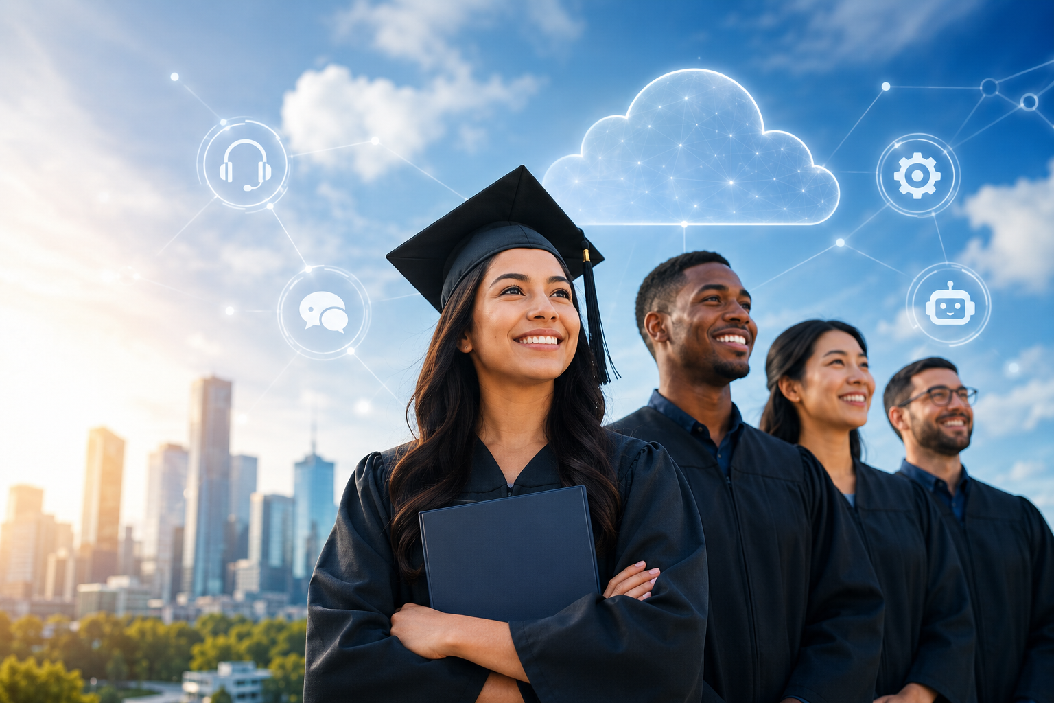 Diverse group of graduates in caps and gowns representing CloudEmpower’s ForwardProgress certification program for cloud, customer experience (CX), and AI workforce development.