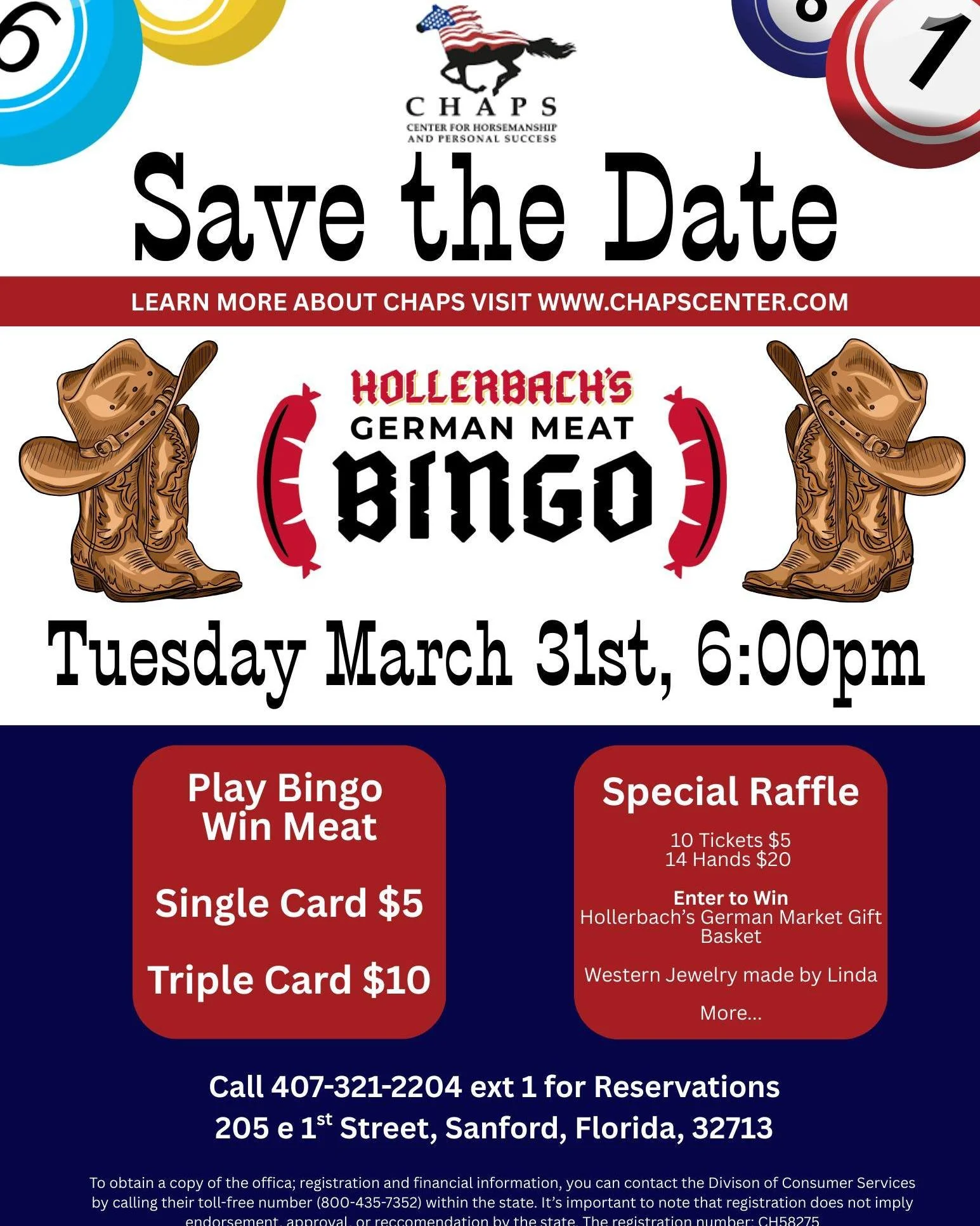 🎉🐴 BINGO is BACK! 🐴🎉

Join us Tuesday March 31st at 6:00 PM for Meat Bingo at @hollerbachsgermanrestaurant  to benefit CHAPS! 

It is guaranteed to be an evening of fun, laughter, and delicious prizes!

Make sure to reserve your spot!
📞 Call 407