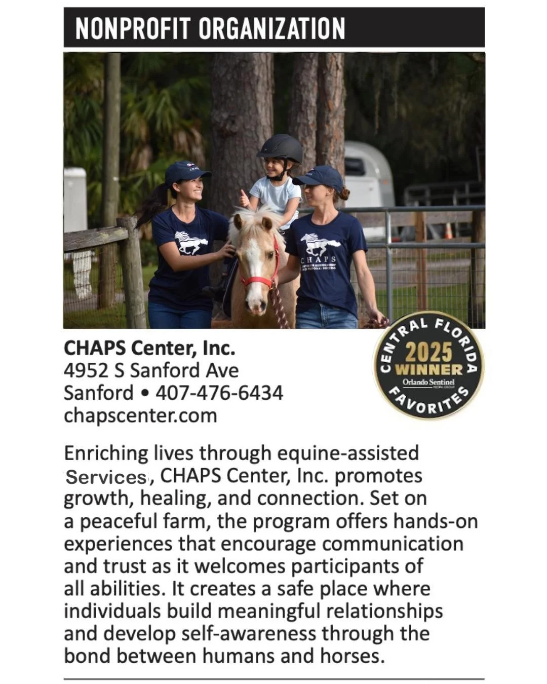🐴⭐ It's that time of year again and we need YOUR help!

We are so proud to be your reigning 2025 Central Florida Favorite Nonprofit Champion but we can't defend our title without YOU! 🏆

Voting is now open and it takes just a few seconds. Every sin