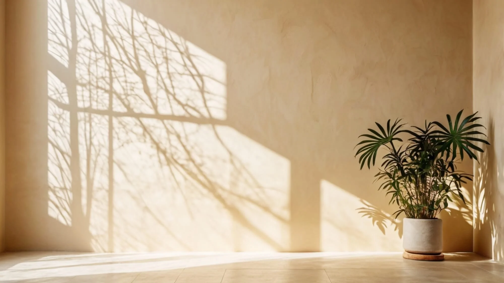 Sunlight streaming through a window creates shadow of tree branches on a beige wall, with a potted plant on the floor.