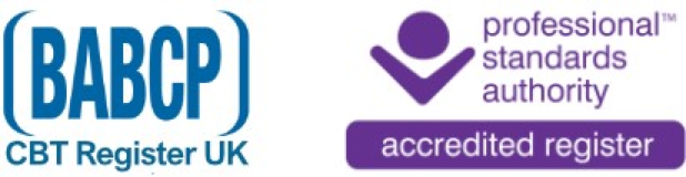 Logos for BABCP CBT Register UK and Professional Standards Authority with 'accredited register' label