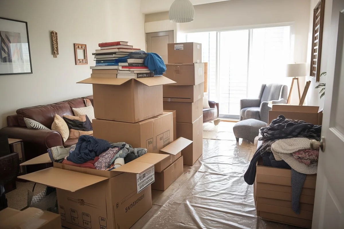 Living room filled with stacked moving boxes, with some unpacked clothes and books visible, near a couch and a window with sunlight.