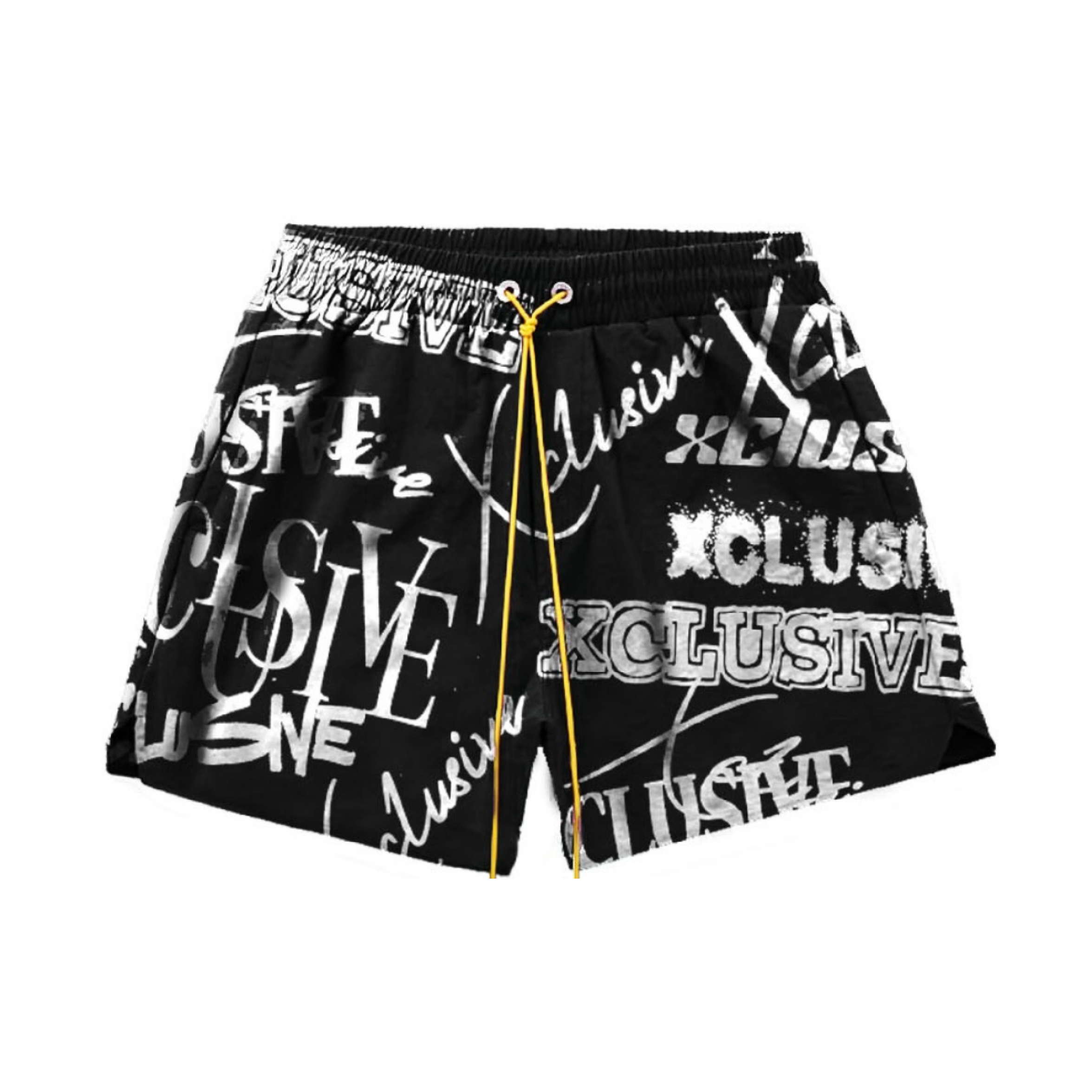 Black shorts with white and gray graffiti-style text pattern and a yellow drawstring waistband.