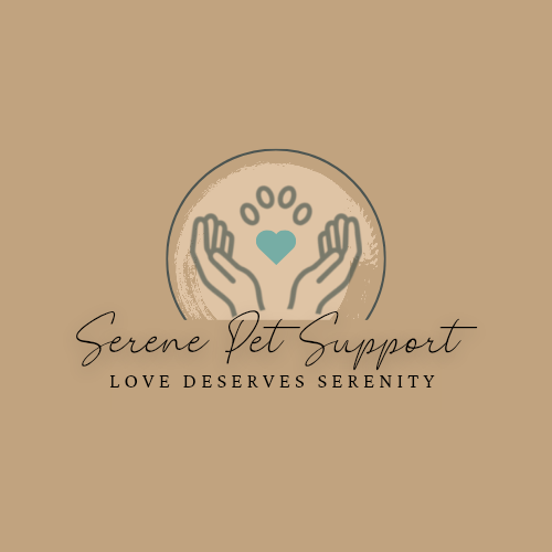 A logo for Serene Pet Support featuring two hands surrounding a heart and paw prints with the tagline 'Love Deserves Serenity' on a beige background.