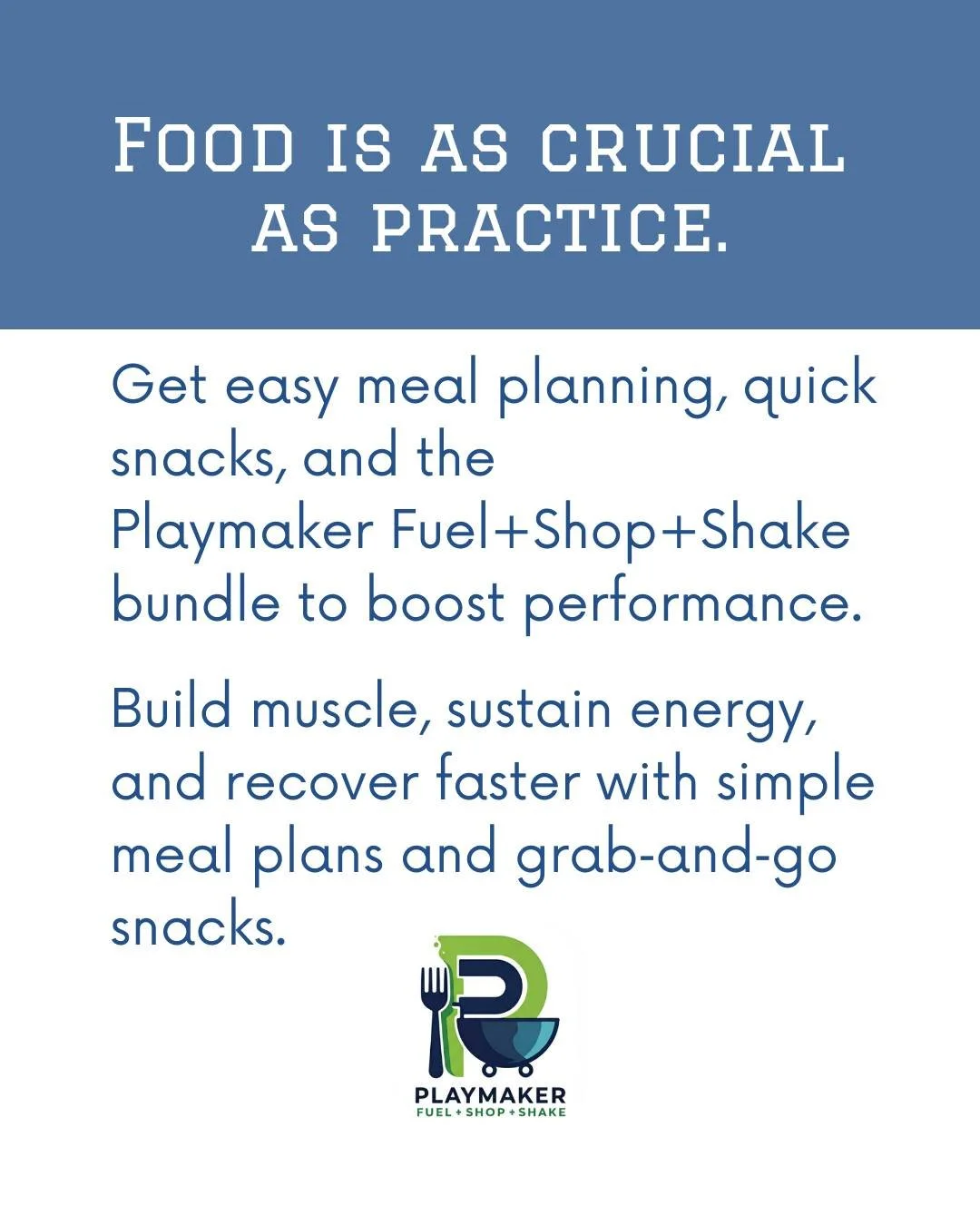 Playmaker Fuel + Shop + Shake

Stop guessing what to eat. The Playmaker Fuel + Shop + Shake is your personalized nutrition game plan, designed to help serious student-athletes build muscle, boost energy, and recover faster. We take the confusion out 