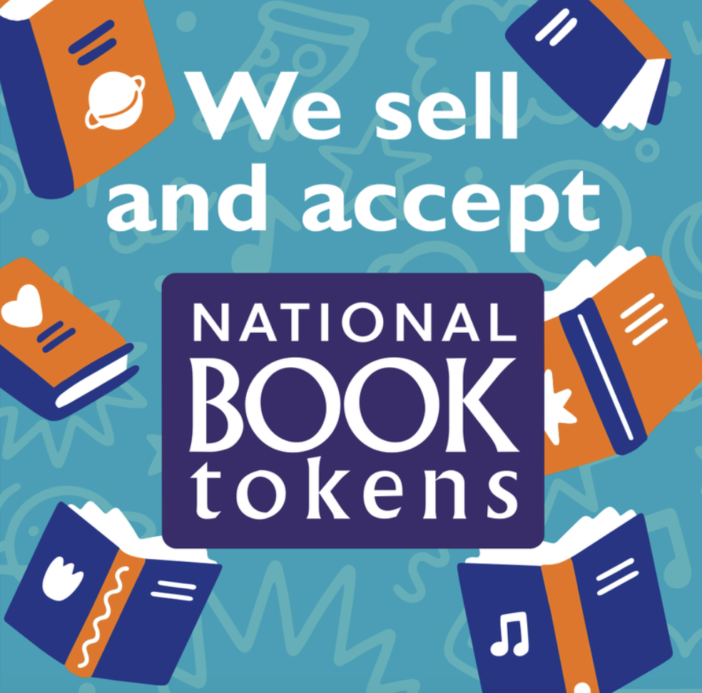 A promotional graphic for National Book Tokens with the text "We sell and accept" and surrounded by illustrated books of various colors and icons such as a planet, heart, star, music note, and squiggly line.