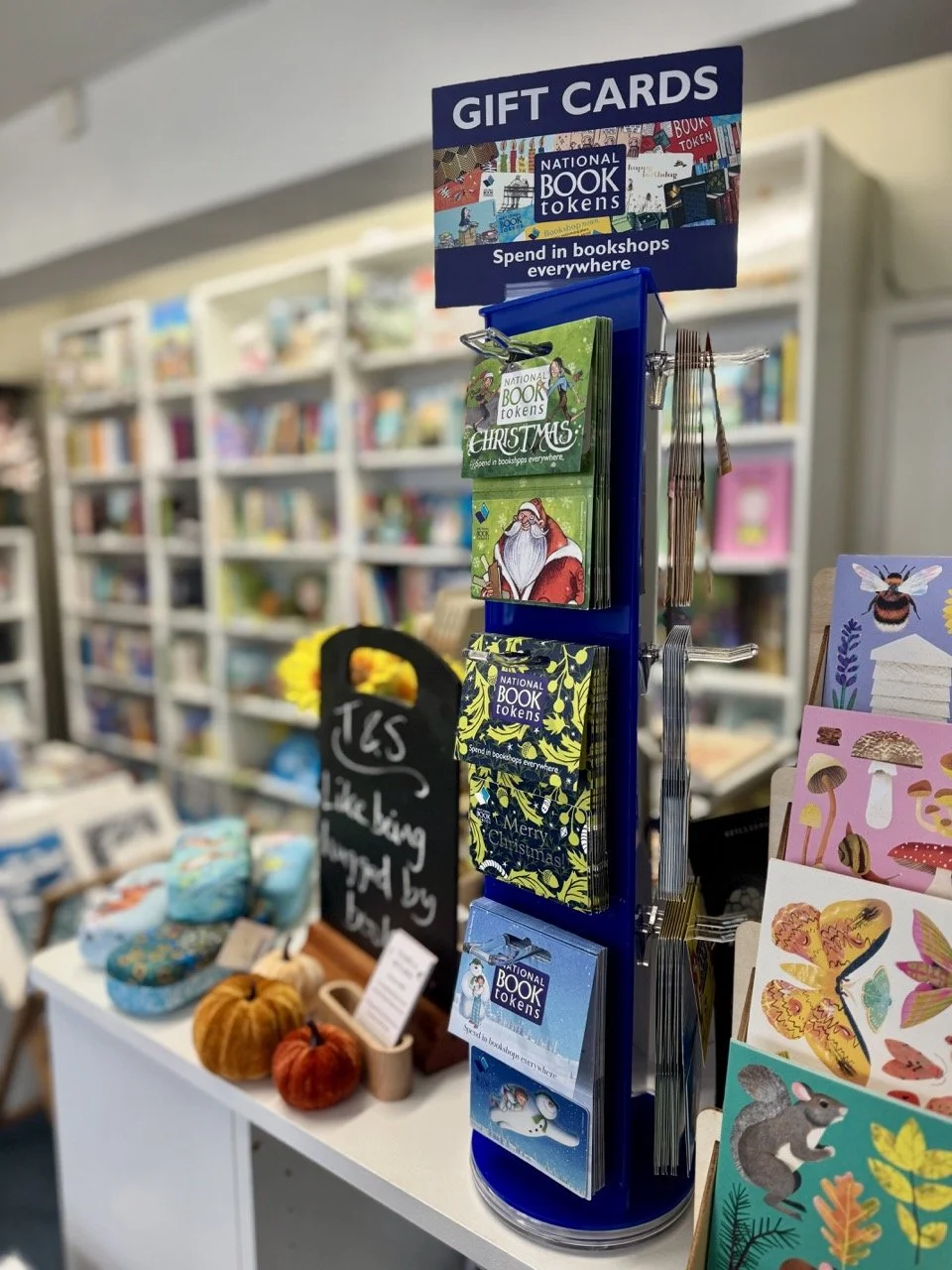 Display rack with gift cards featuring Christmas and book-themed designs at a bookstore, surrounded by plush pumpkins and colorful stationery.