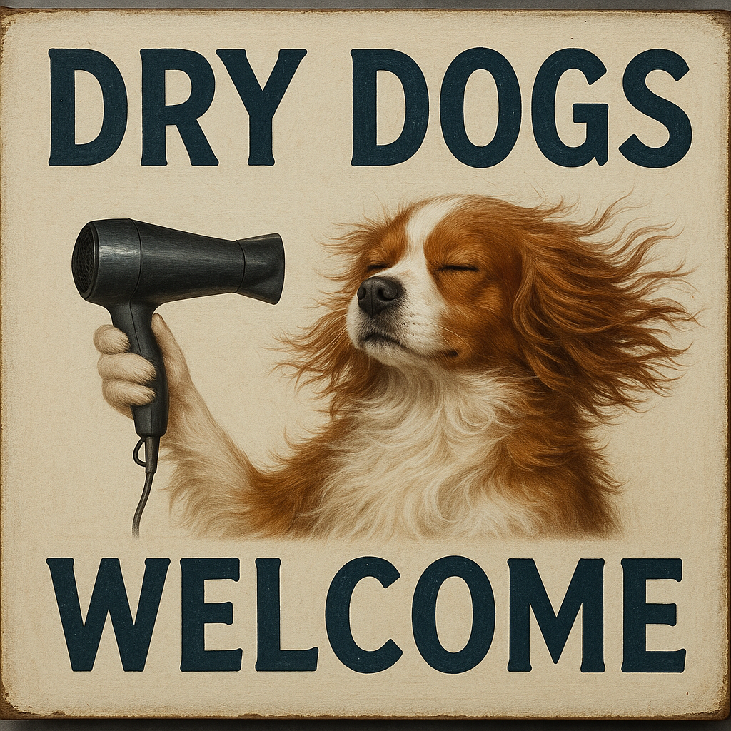 Sign with the text 'Dry Dogs Welcome' featuring a happy dog with windblown fur and a person holding a hairdryer.