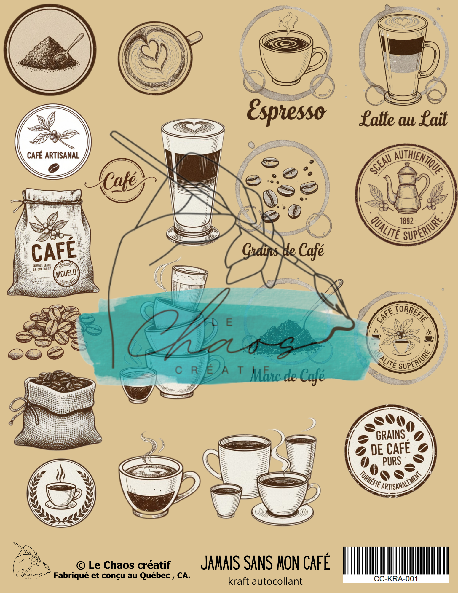 Jamais sans mon café, autocollants – papier kraft