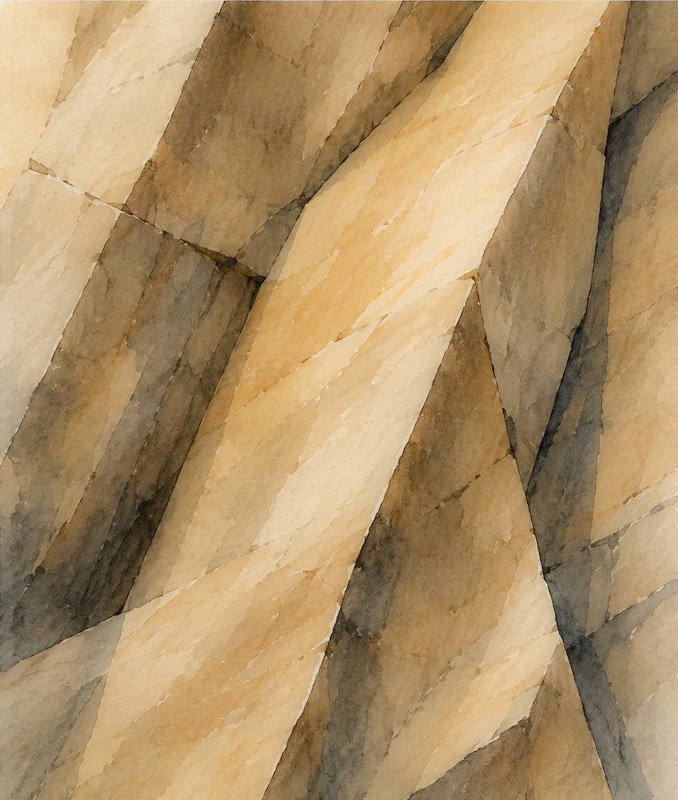 Watercolor study of faceted sandstone planes inspired by Colorado rock formations, exploring how fractured geological surfaces inform the Tectonic House kitchen design.