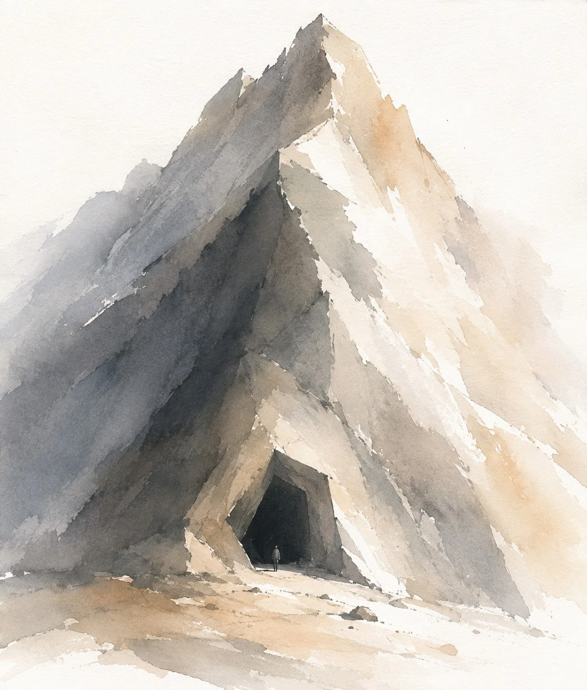 Watercolor study of a mountain revealing a hidden interior, exploring the Quiet Phenomena of Excavation for the Tectonic House interior.