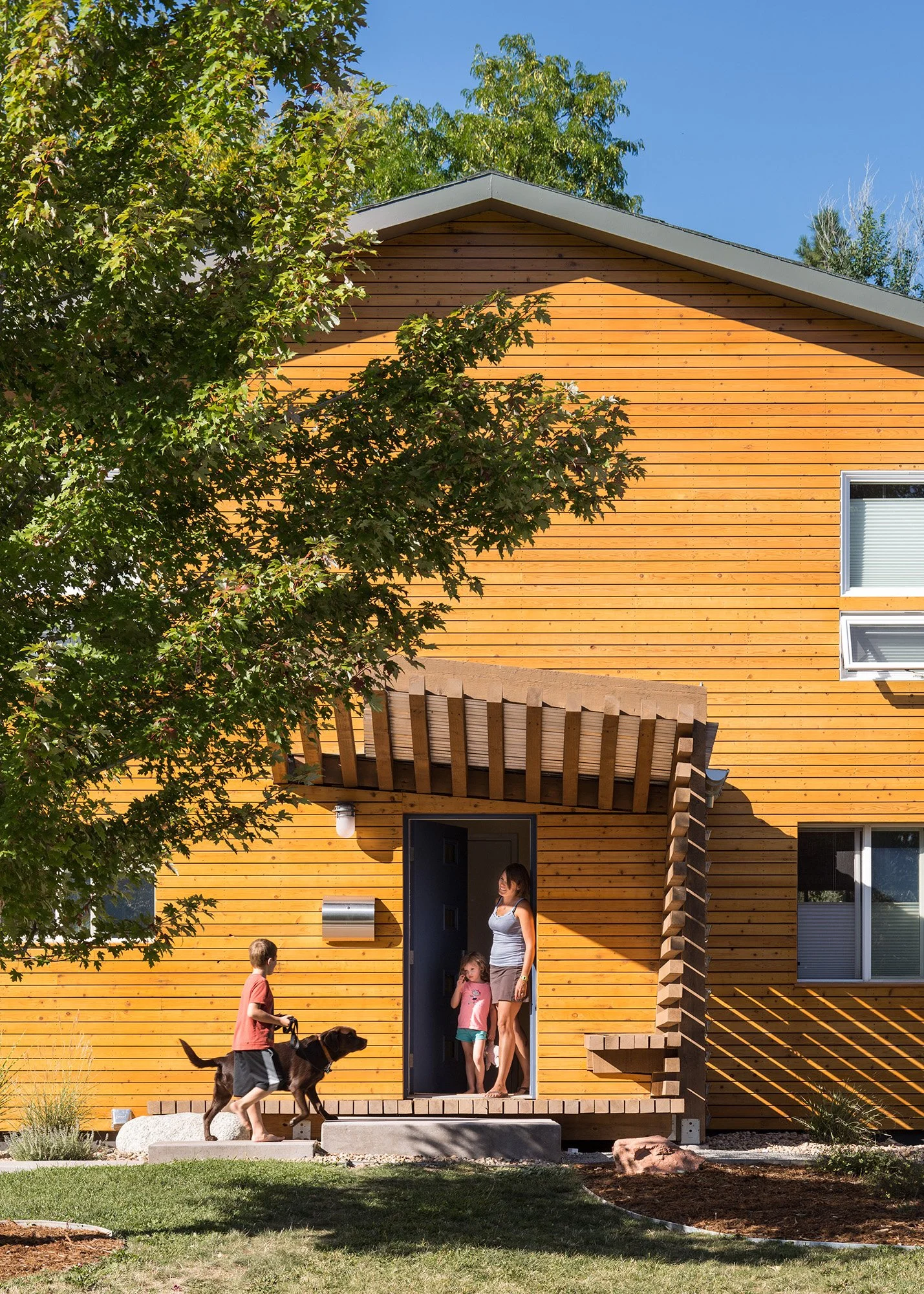 The sculptural cedar porch of the Erosion House creates a sheltered entry where layered wood slats filter light, frame views, and define the transition into the home.