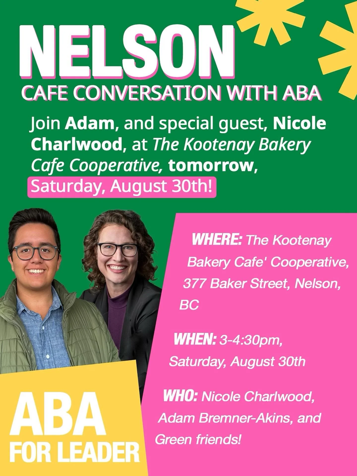 Join me and special guest Nicole Charlwood at the Kootenay Bakery Cafe Cooperative for a conversation about building a sustainable, affordable, and healthier future, together! 🍋&zwj;🟩

📍 377 Baker Street, Nelson, BC
🗓 Saturday, August 30th
⏰ 3&nd