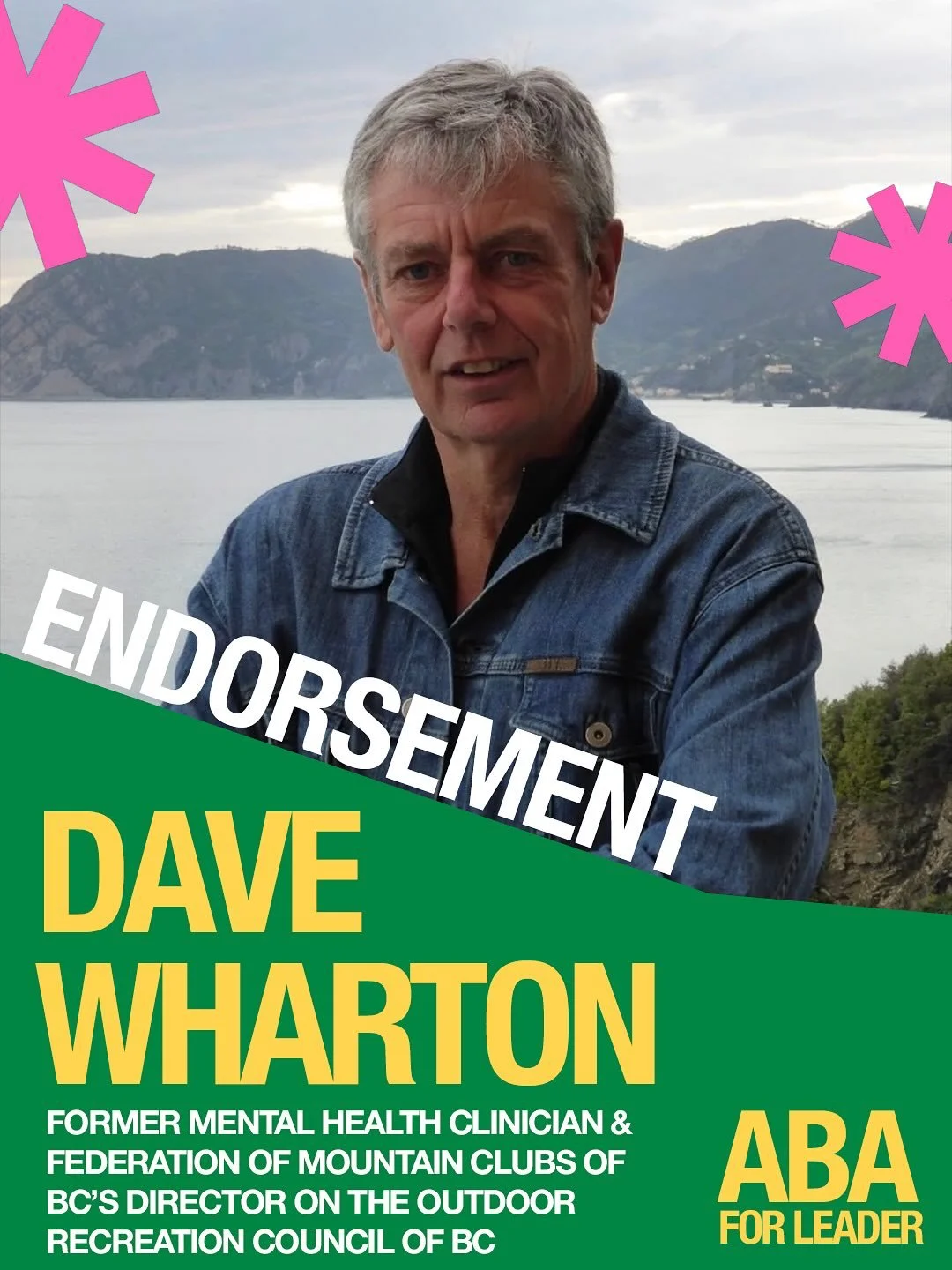 Honoured to have Dave Wharton backing my campaign. With his mental health background and work as an FMCBC director on the Outdoor Recreation Council of BC, Dave gets what matters. 🍋&zwj;🟩 #ABA4Leader #bcpoli