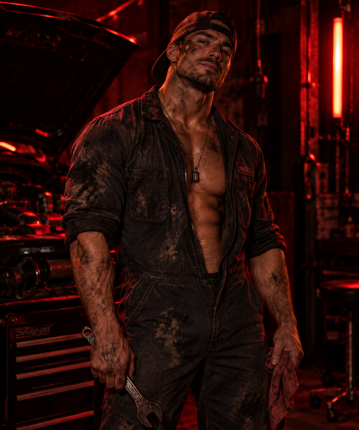 Mechanic fantasy dancer in workwear beside an open car hood — Book A Dancer.