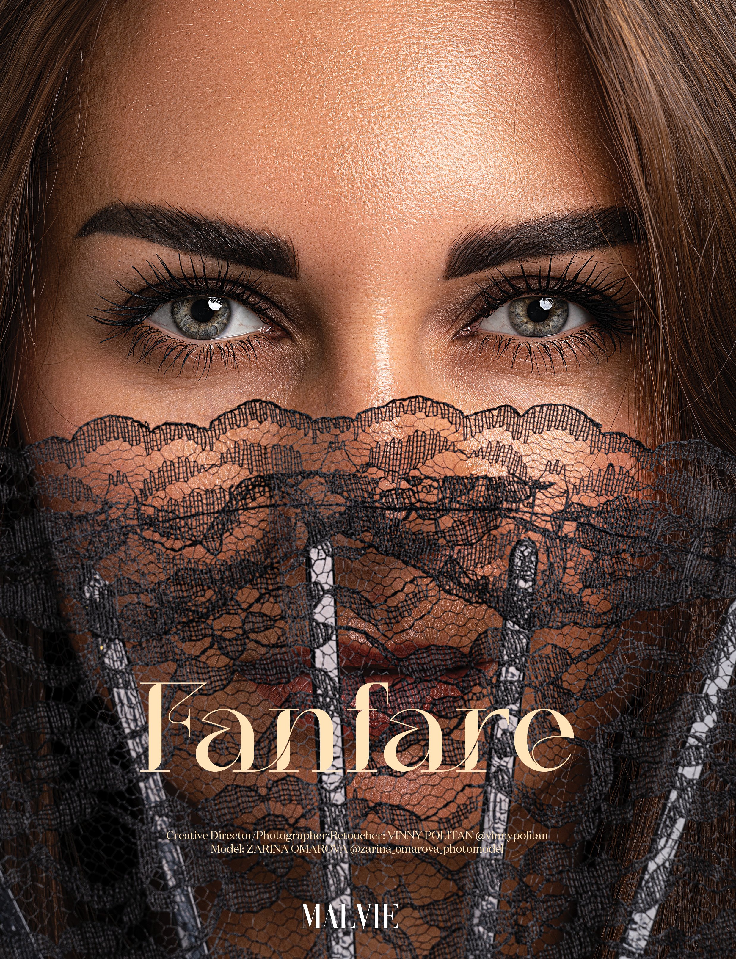 High-fashion beauty editorial, 'Fanfare,' published in Malvie Beauty, featuring a model with a black lace fan. Creative direction and photography by Politan Media Group in Tampa.