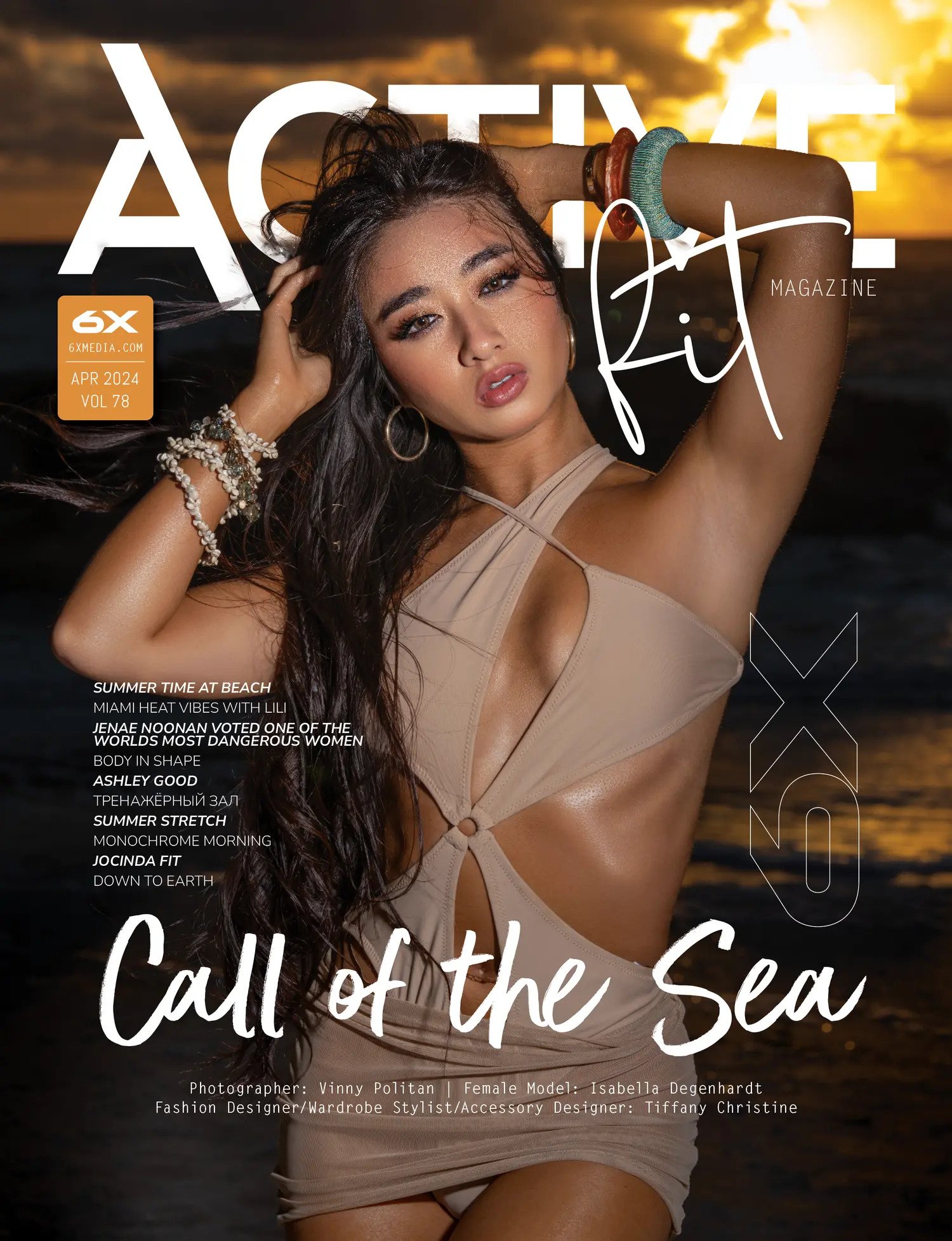 Magazine cover featuring a woman in a beige swimsuit at the beach during sunset, with the headline "Call of the Sea" and various article titles.
