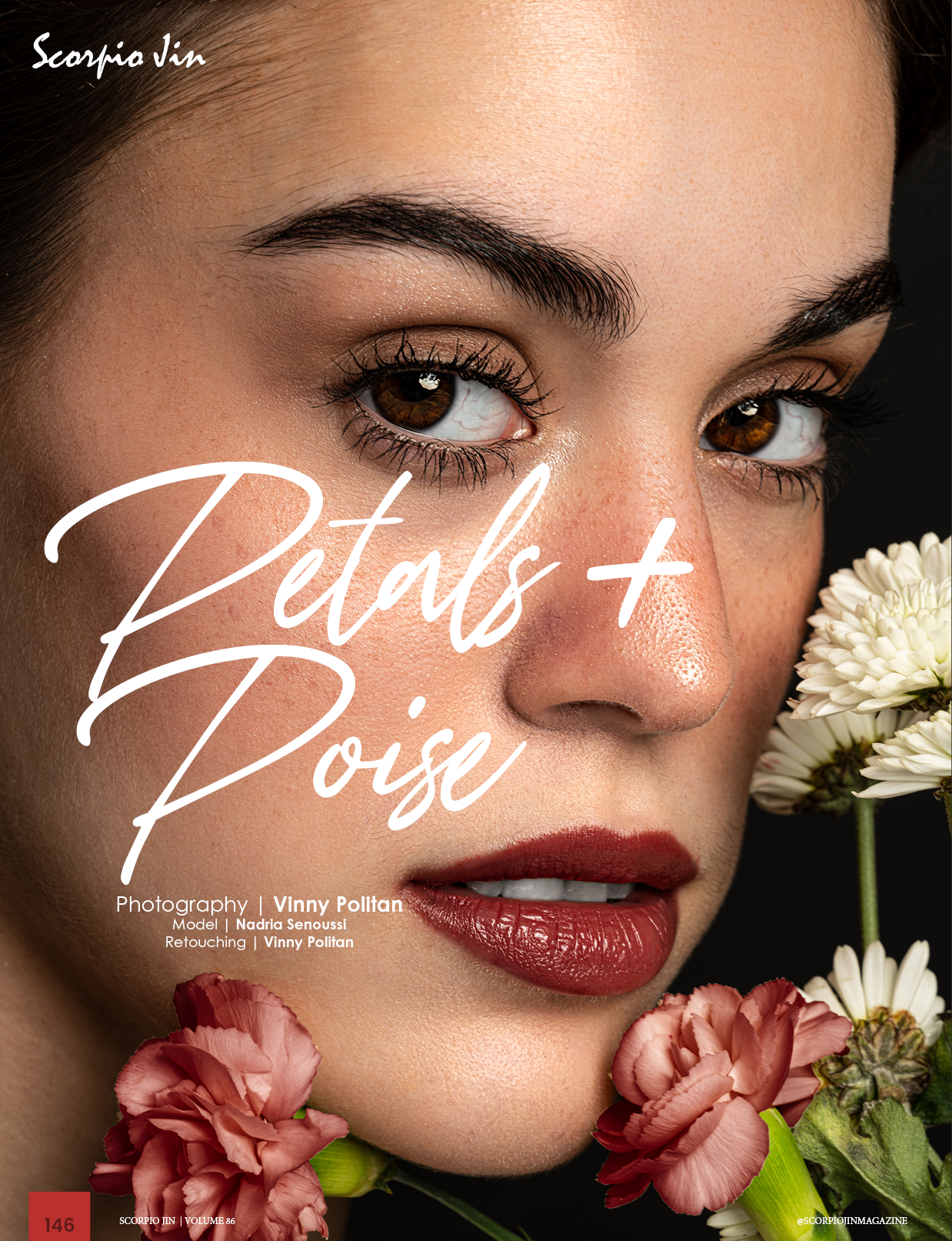 High-fashion beauty editorial with flowers and bold red lipstick, featured in Scorpio Jin Magazine. Photography by Politan Media Group in Tampa.