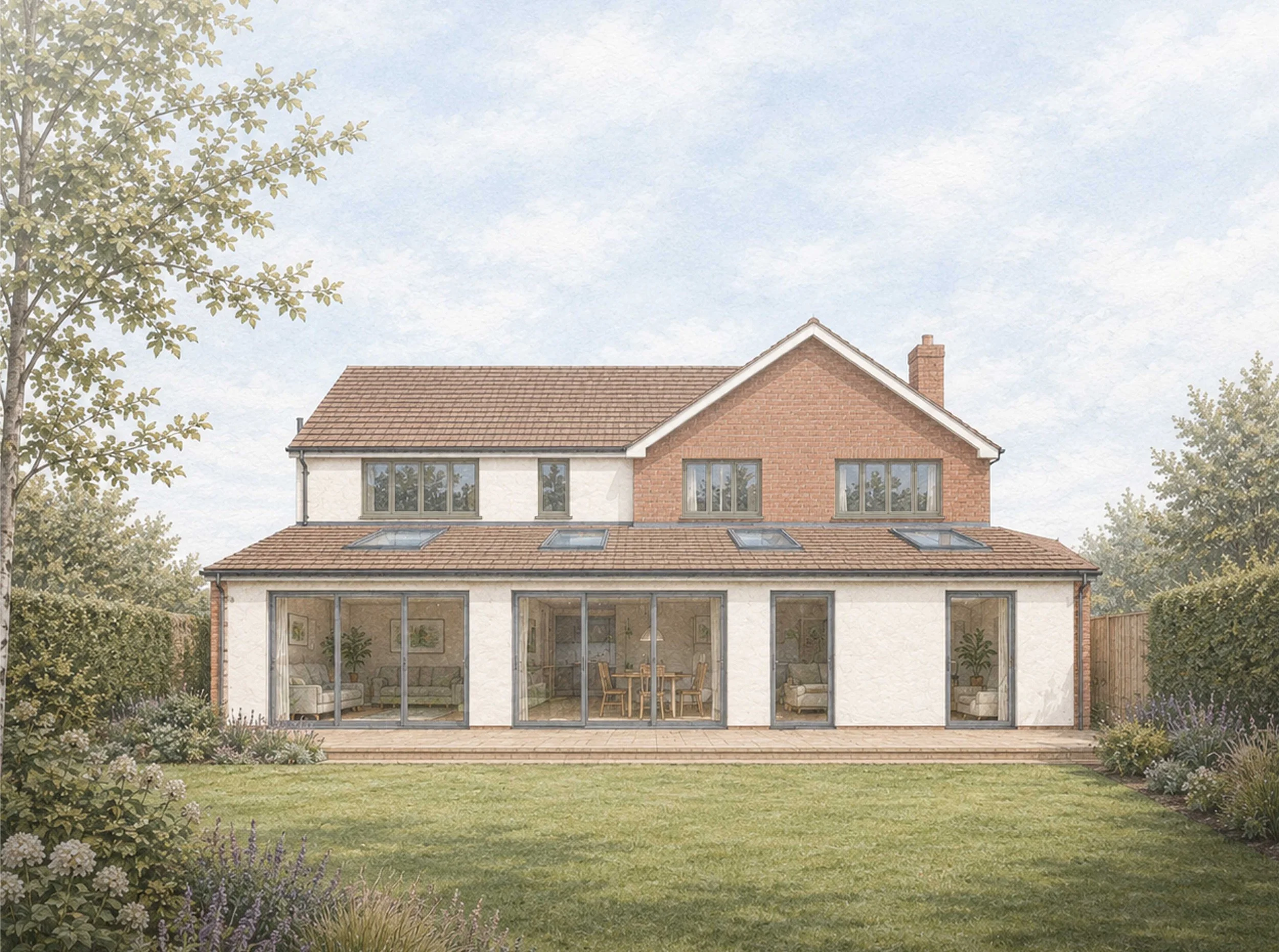 A proposed 3D visualisation of the rear and side elevation, showing a contemporary two-story house in Stockport, Manchester, North-west, with side and rear extensions. Design features of grey windows, rendered wall finish, terracotta coloured roof, a