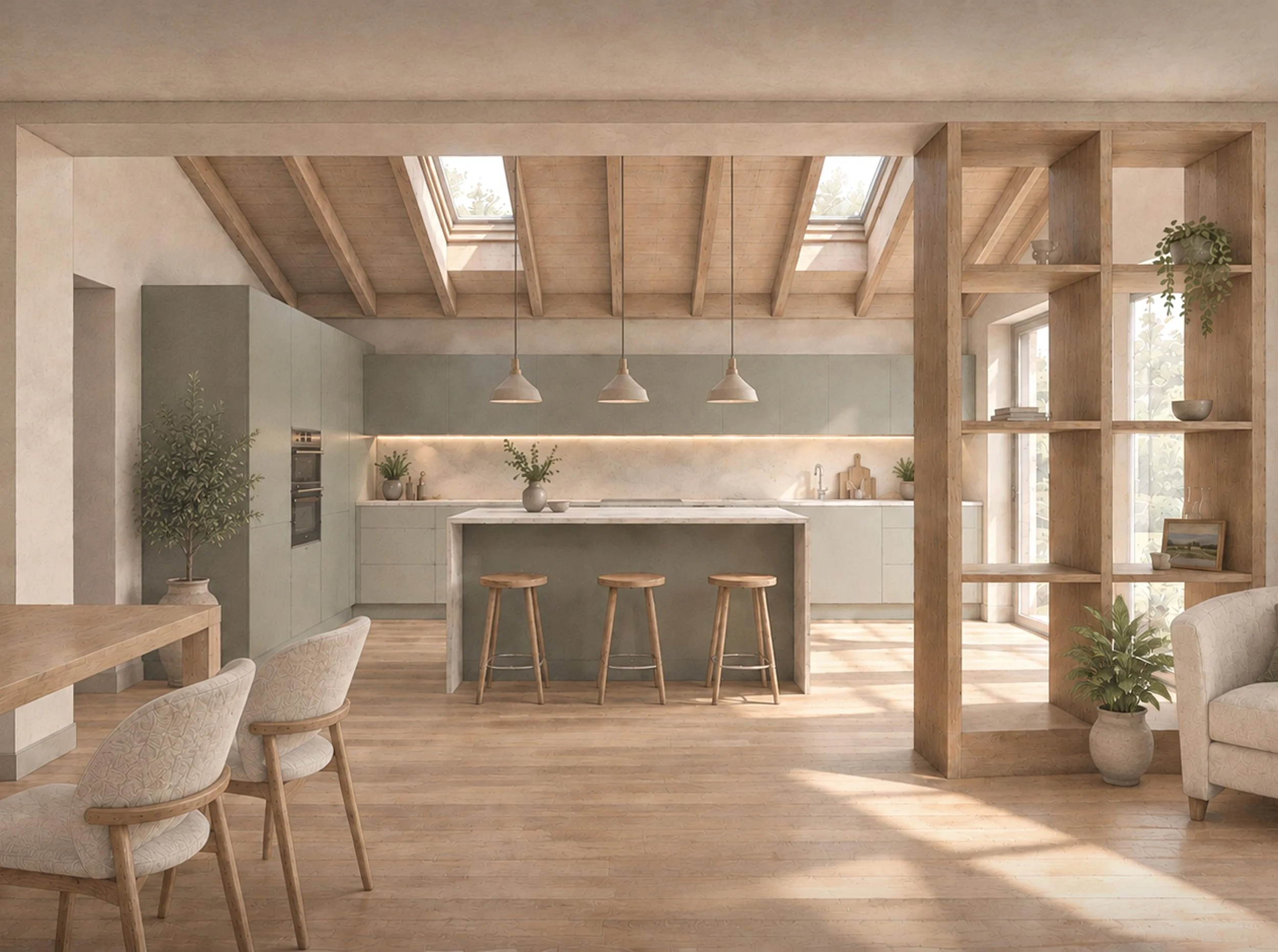 A proposed 3D internal visualisation of a kitchen extension for a house in Whitefield, Manchester, North-west. Designed by Studio DBA, Architect in north-west England.