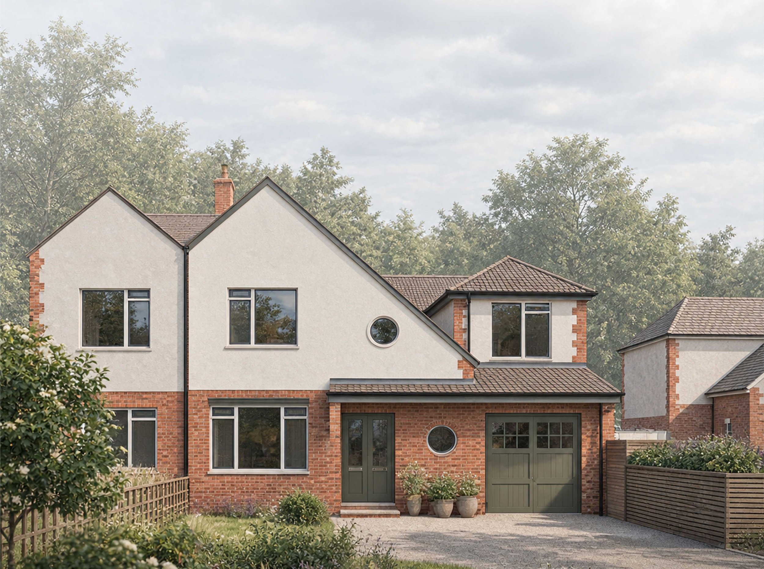 A proposed 3D visualisation of the front elevation, showing a contemporary two-story house in Didsbury, Manchester, North-west, with front, side and rear extensions. Design features of brick and render cladding exterior, a tiled roof, and planting. D