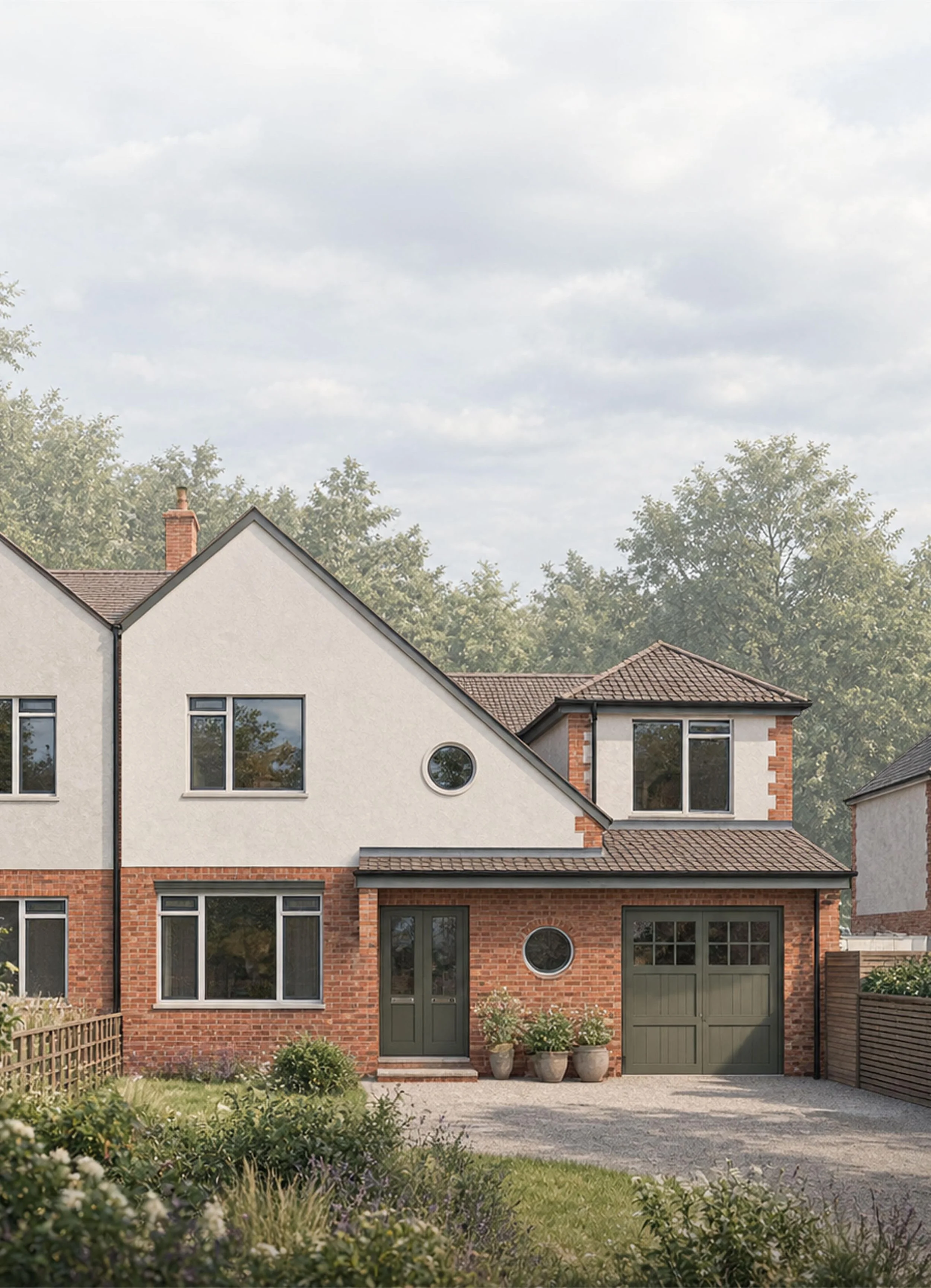 Two-storey extension of two-storey house in Didsbury, Manchester, north-west, showing brick and render cladding, tiled roof, and landscaped driveway. Designed by Studio DBA, Architect in north-west England, Manchester