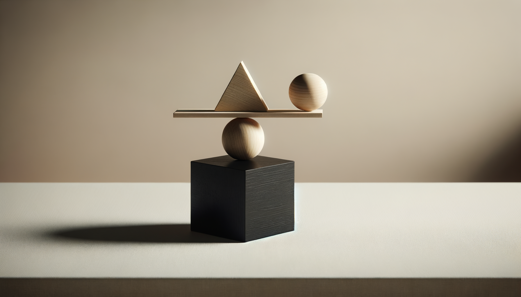Minimalist wooden geometric sculpture balancing on a black cube, with a sphere and a triangular prism on a horizontal plank, set against a beige background.