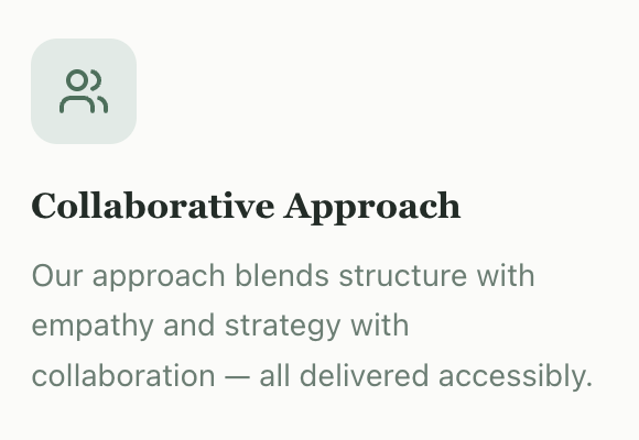 Section titled 'Collaborative Approach' with text explaining blending structure with empathy and strategy through accessible collaboration.