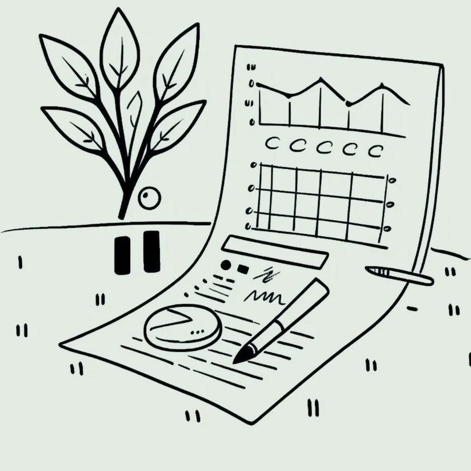 Line drawing of a report with graphs, a pen, and a pie chart, on a table with a potted plant nearby.