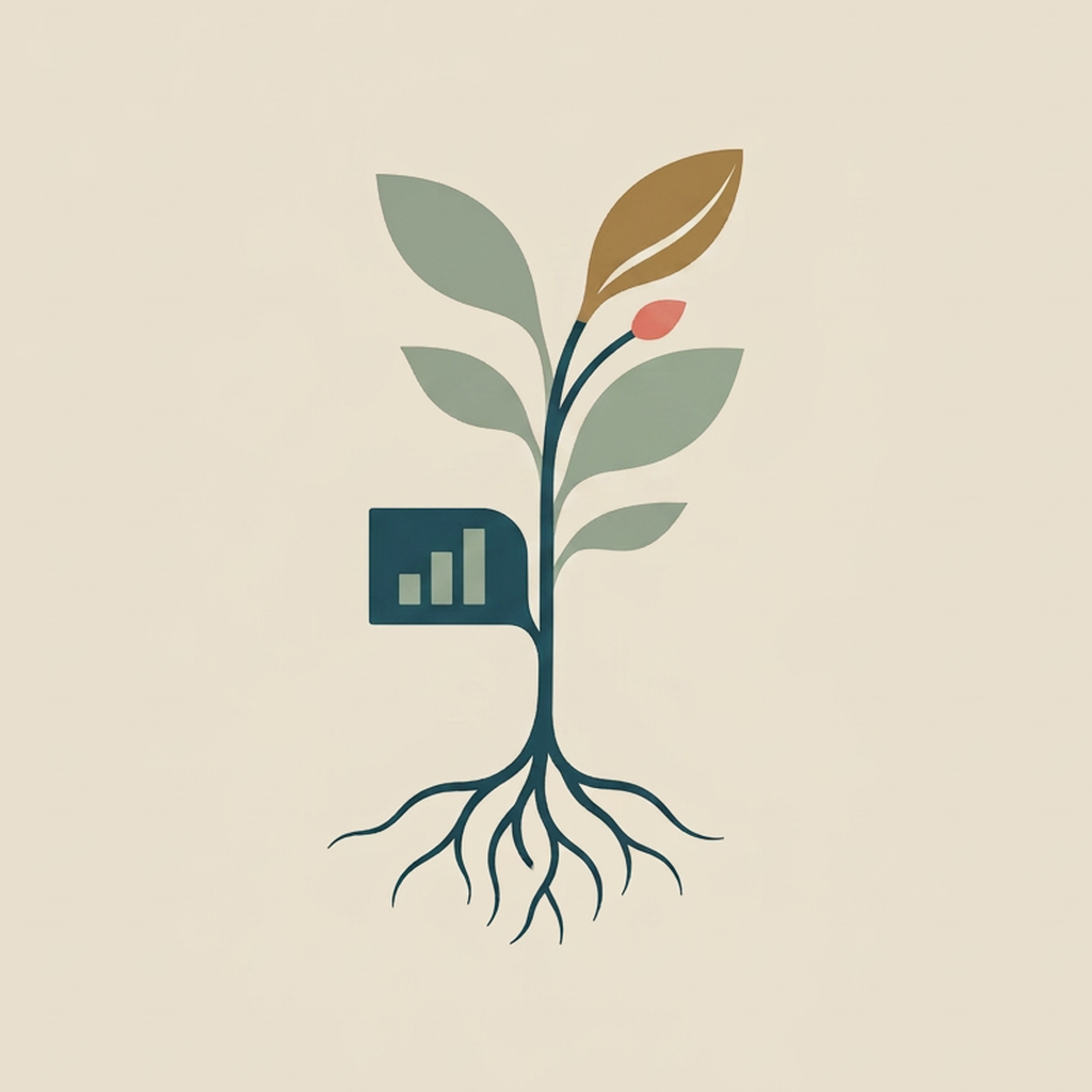 Sketch of a financial or business report with graphs, charts, and a pen, placed on a table with a potted plant nearby.