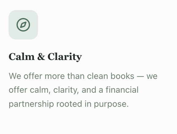Text section titled "Calm & Clarity" with a subtitle about offering calm, clarity, and financial partnership rooted in purpose.