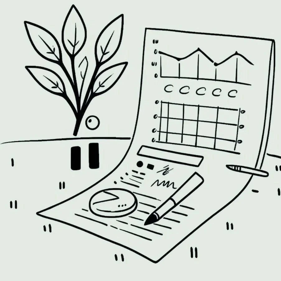 Sketch of a financial or business report with graphs, charts, and a pen, placed on a table with a potted plant nearby.