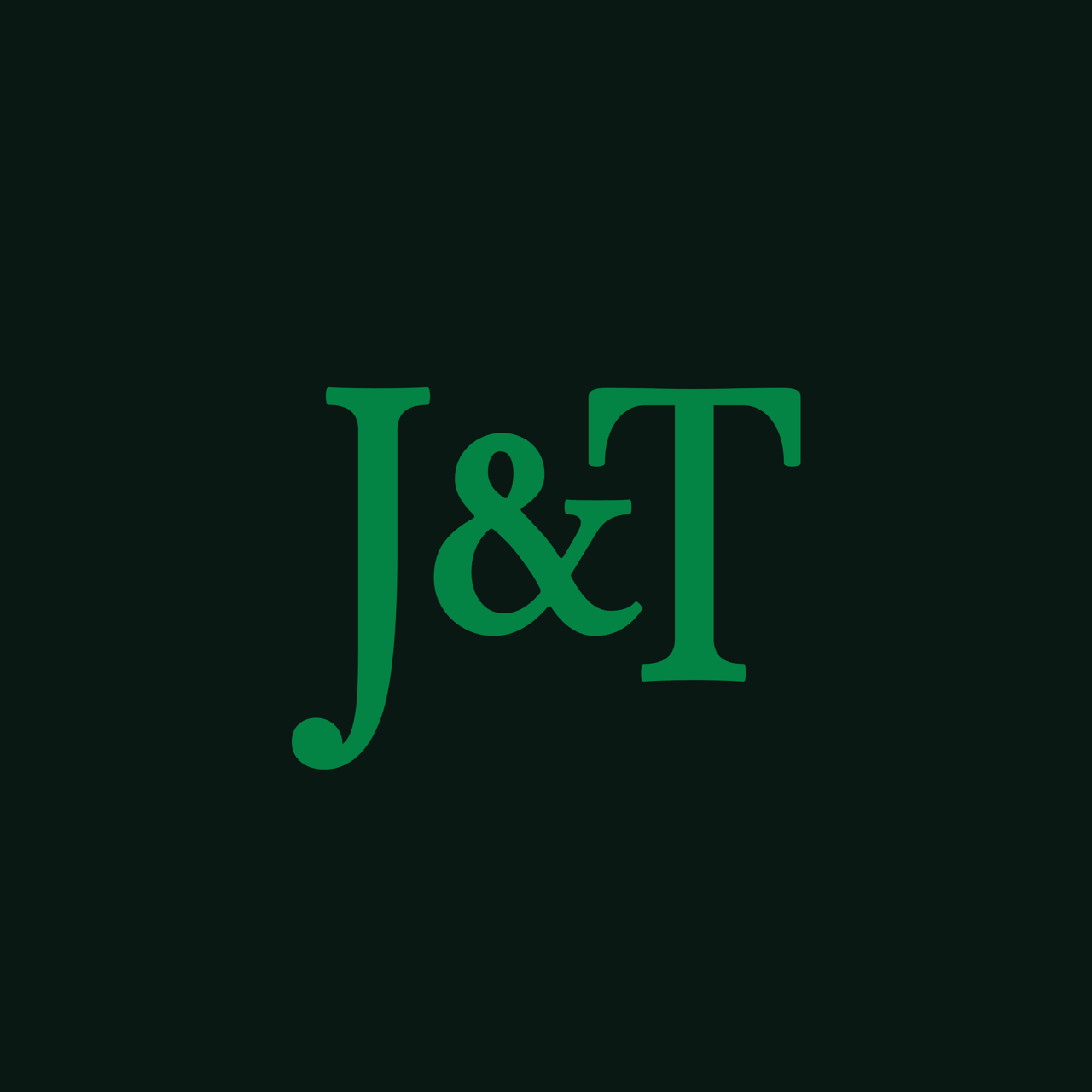 Grafiikka, jossa on vihreät kirjaimet J & T mustalla taustalla.