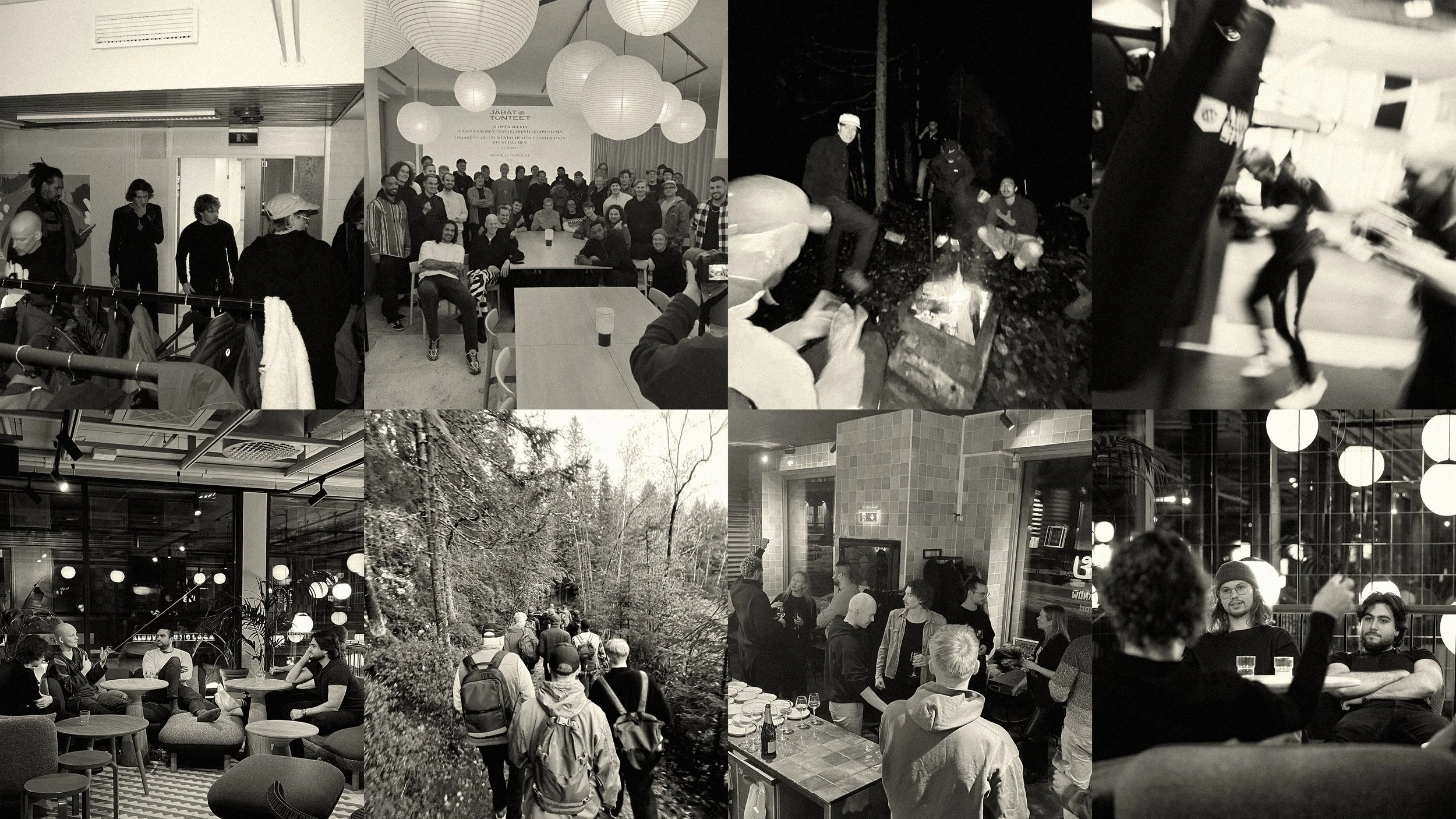 Kollaasi valokuvia eri tilanteista, sisältä ja ulkona, joissa ihmiset viettävät aikaa yhteisissä tiloissa, kuten kahviloissa, retkillä ja tapahtumissa.