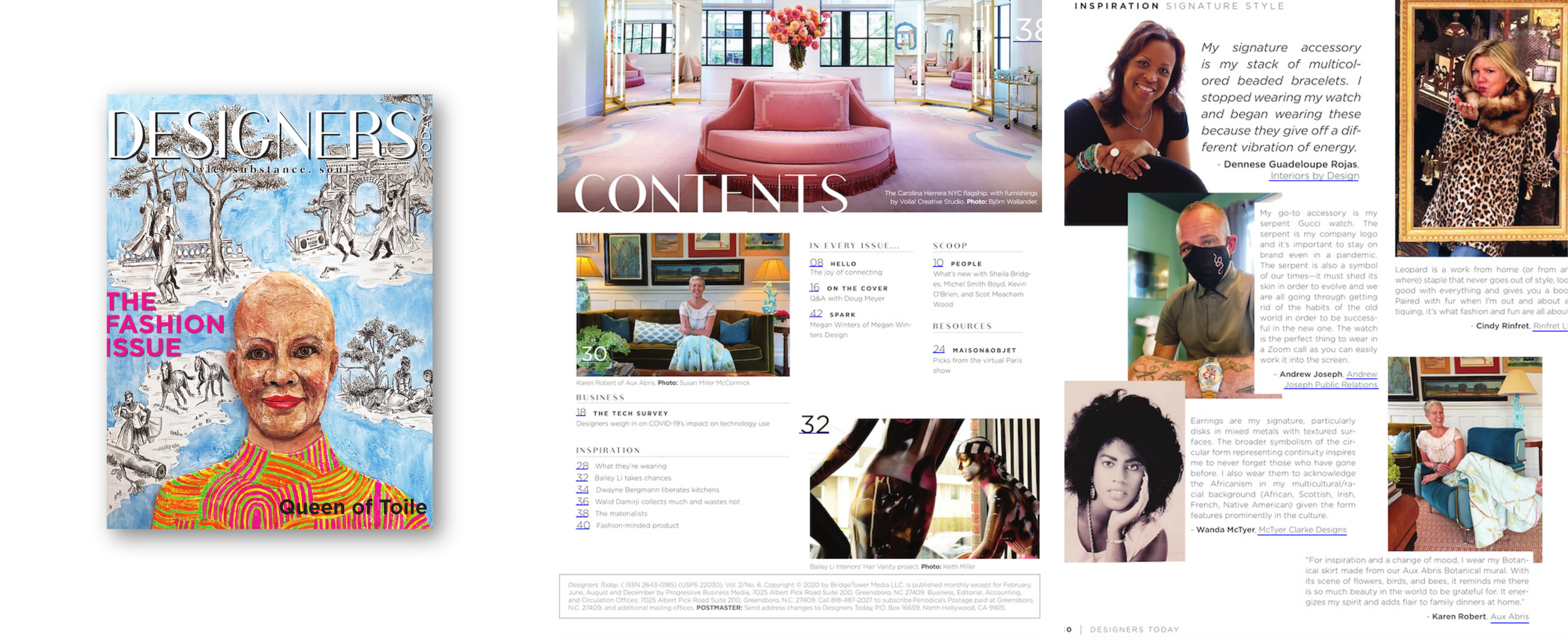 A magazine spread featuring a cover story titled 'The Fashion Issue' with an illustrated portrait of an elderly woman with a bald head, smiling, wearing a colorful striped shirt. The spread includes sections on contents, business, inspiration, scoop,