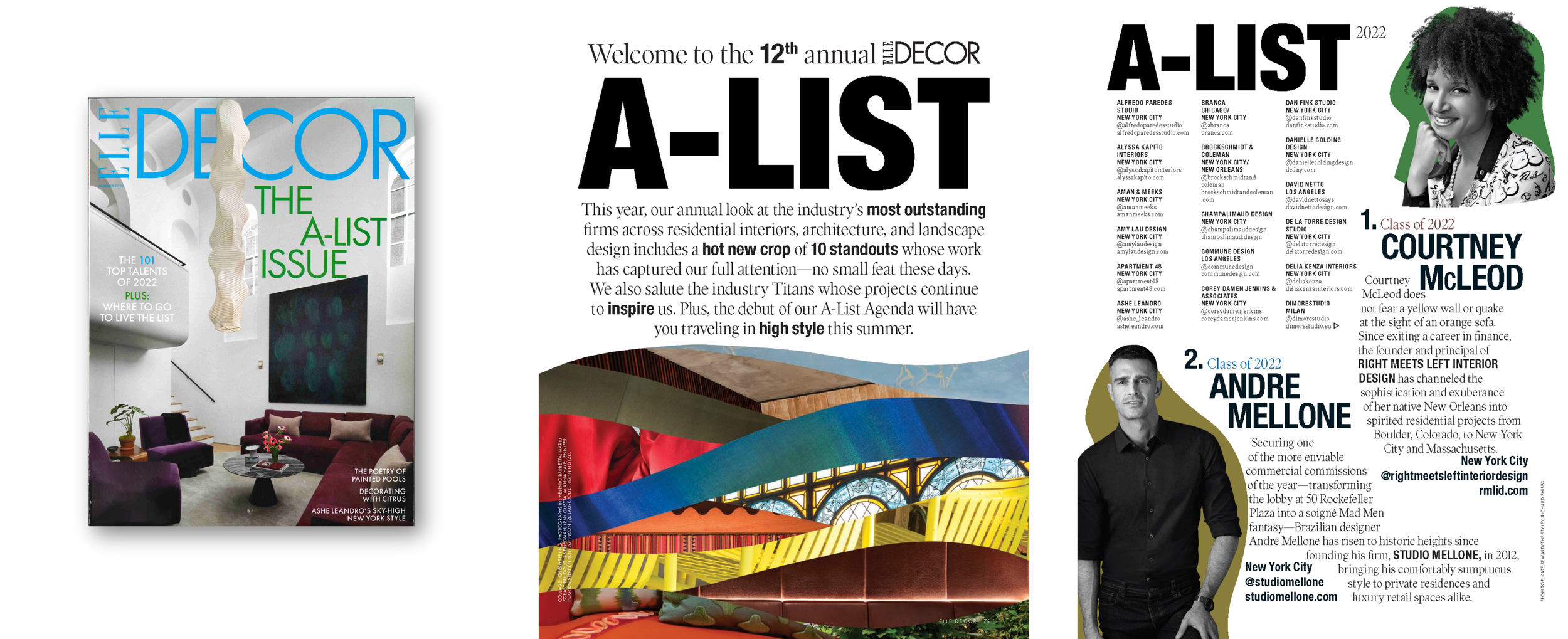 Cover of Elle Decor magazine's A-List issue with a photo of a woman with curly hair smiling, and an interior image of a living room with purple chairs and colorful artwork.