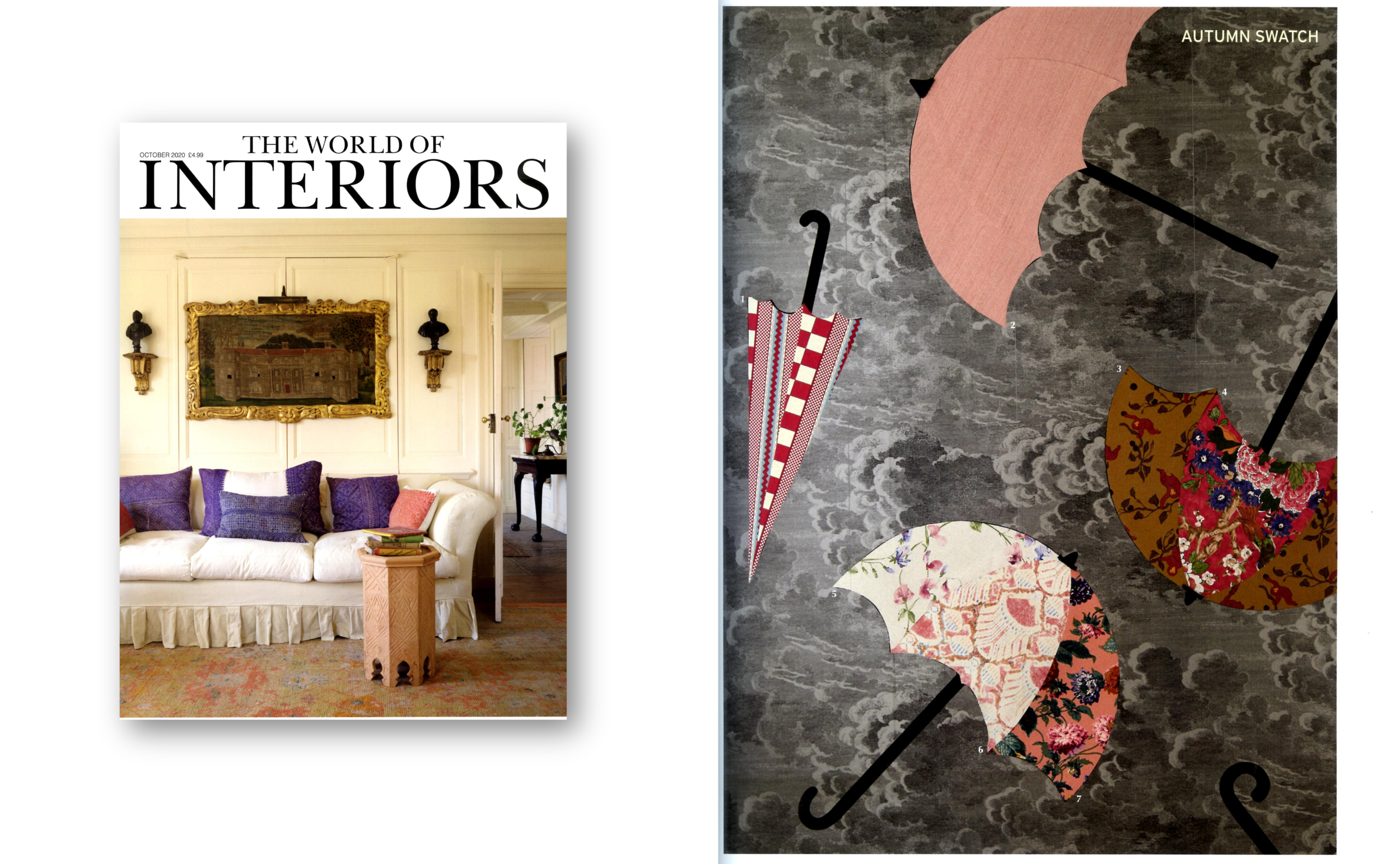 Cover of a magazine titled 'The World of Interiors' featuring an elegant living room with a white sofa, purple and pink pillows, a framed artwork, wall sconces, and a side table with decor, alongside a fabric swatch chart with various patterned umbre