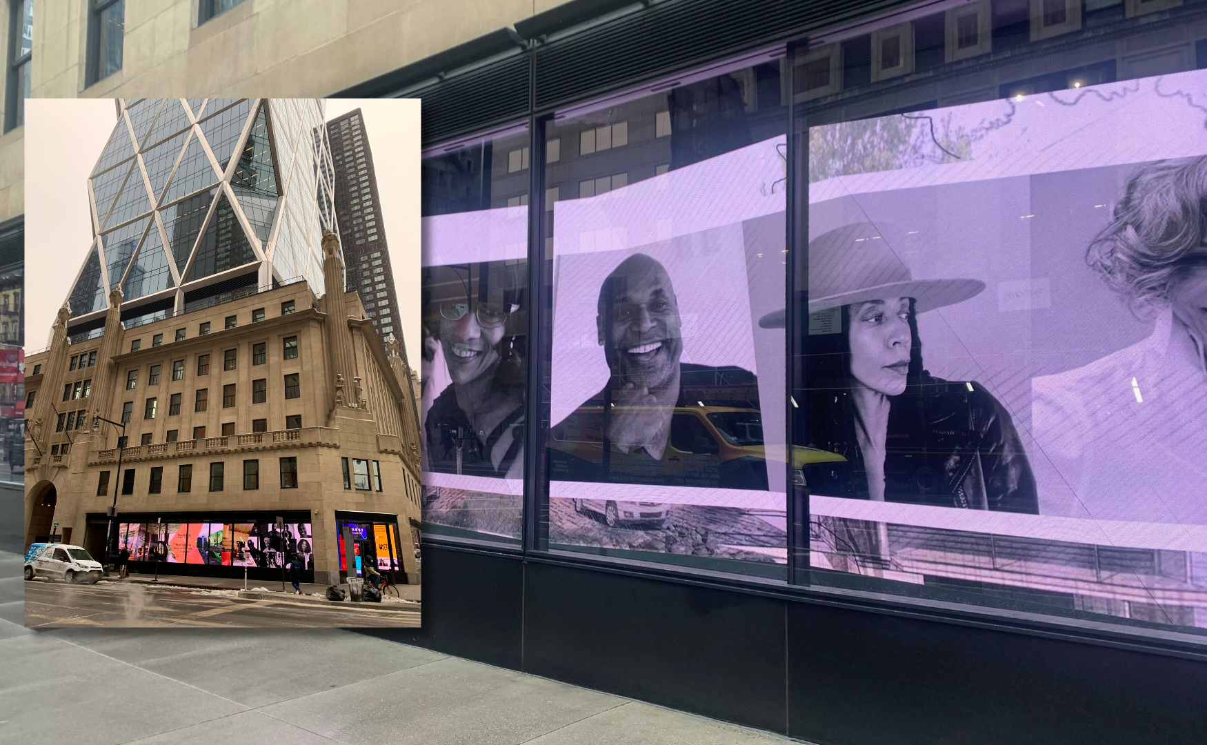 Large digital billboard on a city building displaying black-and-white photos of four smiling diverse people, including a woman in a wide-brimmed hat and a man with a bald head. Smaller digital screens at the base of the building show colorful images 