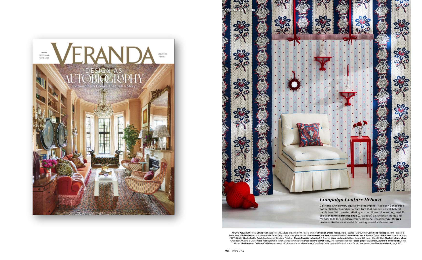 Cover of Veranda magazine featuring a luxurious, traditional living room with tall windows, ornate chandelier, and eclectic furniture. The interior is decorated with pink, red, and gold accents.