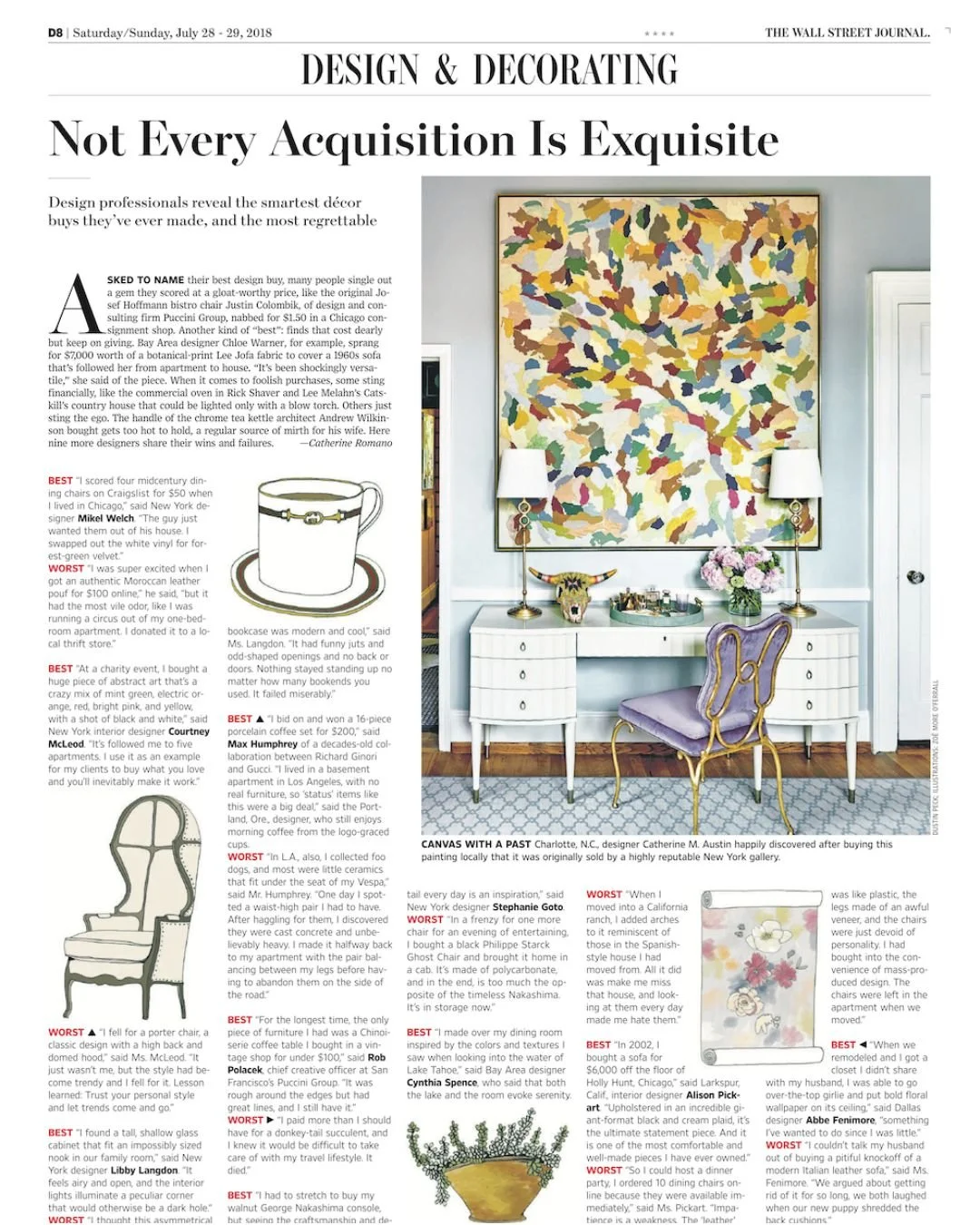 Page from The Wall Street Journal featuring an article about design and decorating, titled 'Not Every Acquisition Is Exquisite'. The page includes a photograph of a modern interior with a large, colorful abstract canvas on a gray wall, a white vintag