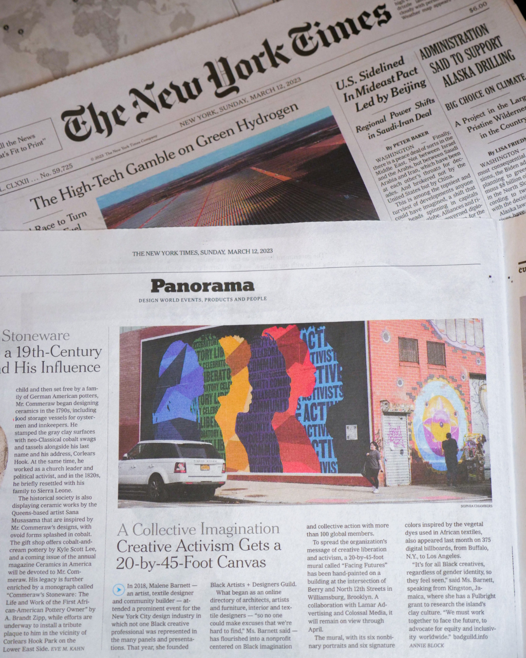 Close-up image of two newspaper pages, featuring articles, images, and headlines.