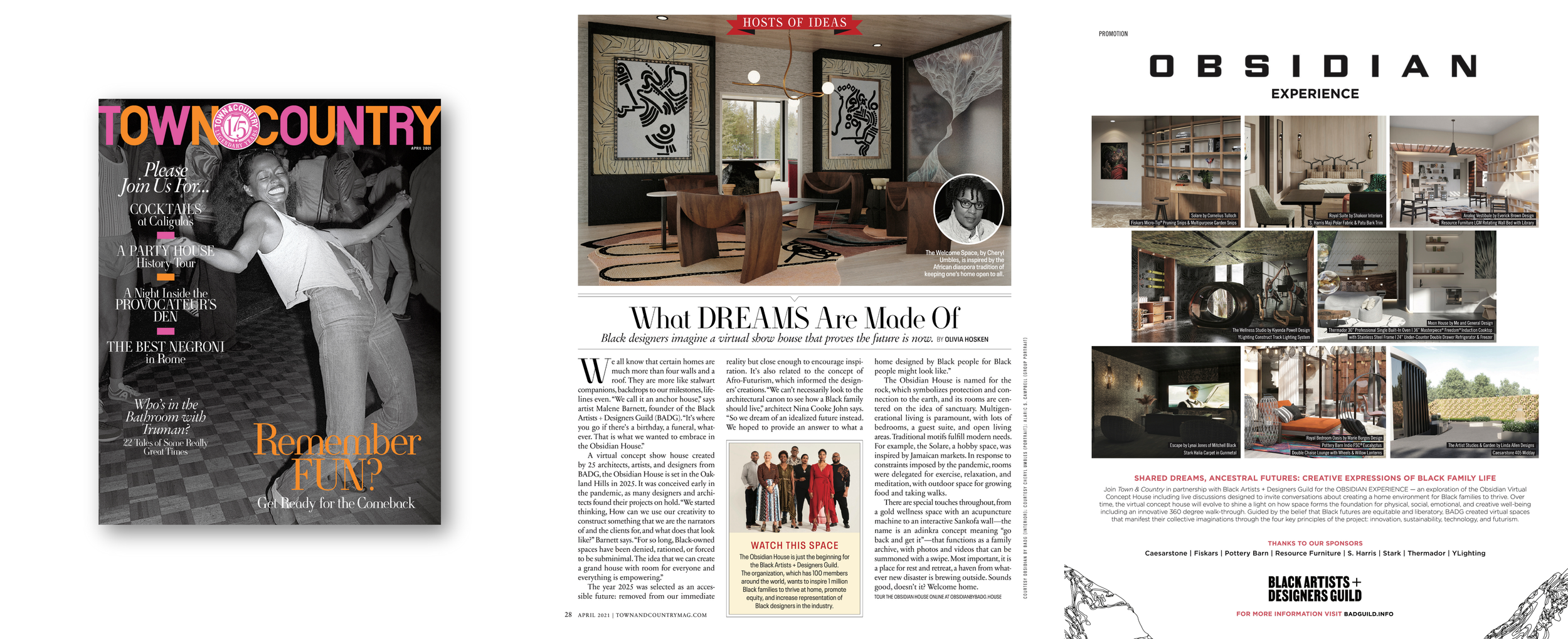 A three-page magazine spread featuring articles and images about interior design, with a prominent story titled "What DREAMS Are Made Of" and images of modern interior spaces and artwork.