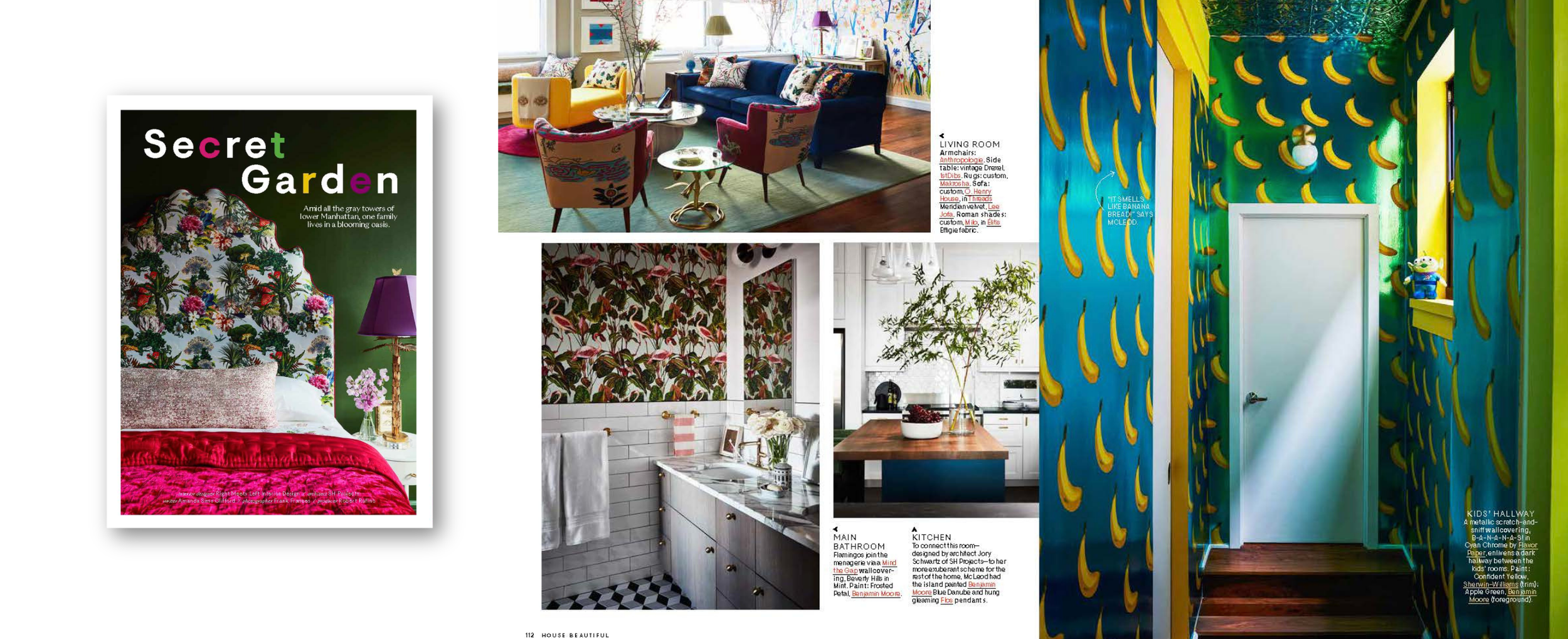 Collage of colorful interior rooms, including a decorated bedroom cover page, a living room with vibrant furniture, a kitchen with a patterned wallpaper, and a hallway with bright duck-themed wallpaper.