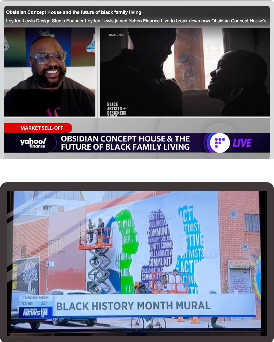 Screenshot of a Yahoo Finance live broadcast discussing Obsidian Concept House and Black family living, with a person speaking and a silhouette of two people in profile, alongside a news segment showing a mural for Black History Month with a quote or
