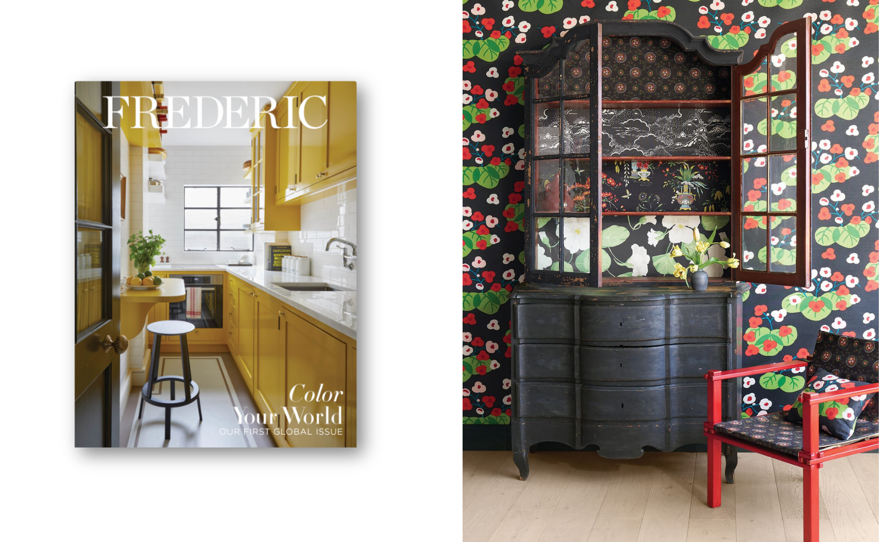 A magazine cover with a yellow kitchen interior on the left, and a vintage black cabinet with a floral wallpaper background and a red chair on the right.