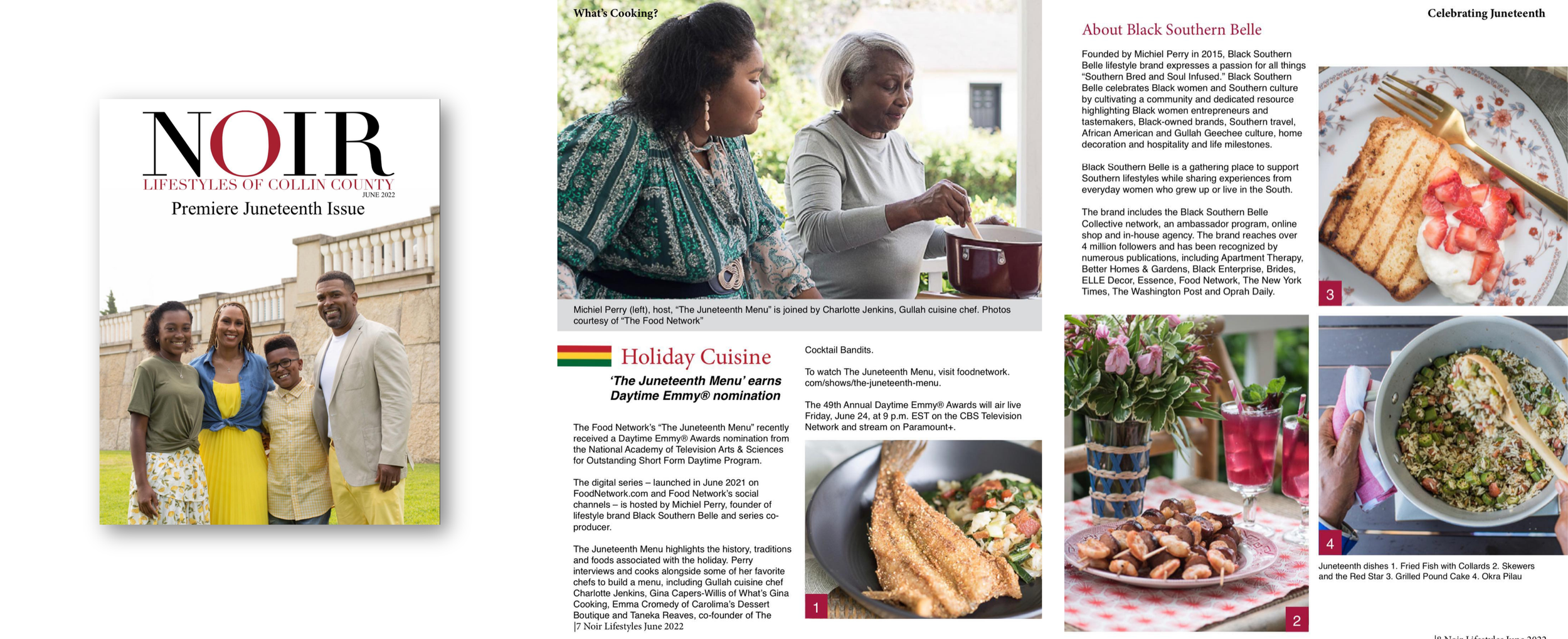 A magazine spread featuring a cover photo of four people standing outdoors, with a man and a woman cooking in a kitchen, and various dishes of food on a table, including a slice of cake and a bowl of cooked greens.