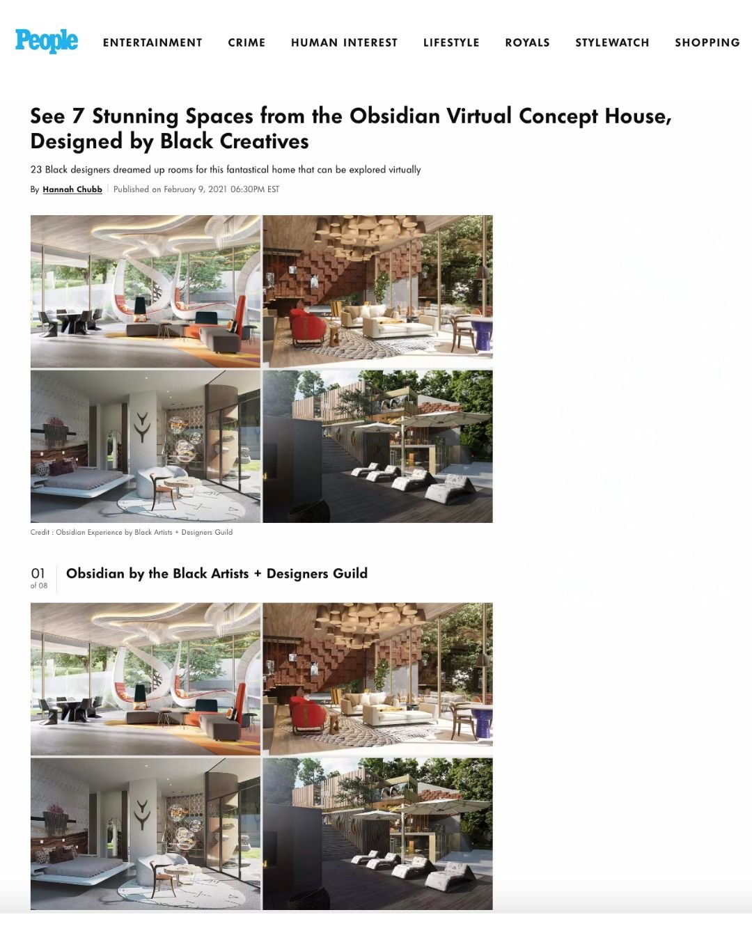 Online article showing four images of futuristic and stylish interior and exterior space designs, with an article header about a virtual conceptual house designed by Black Creatives.