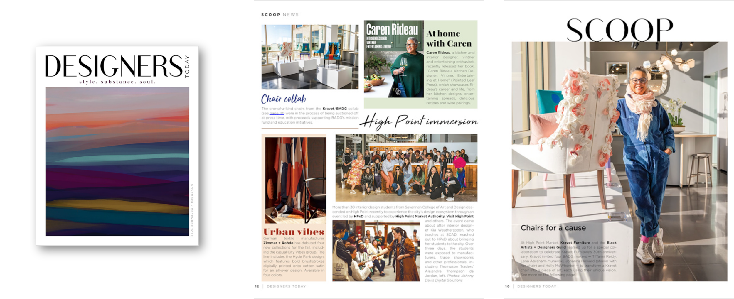 A woman smiling and walking next to a large floral cake in a bright, modern kitchen or art gallery space.