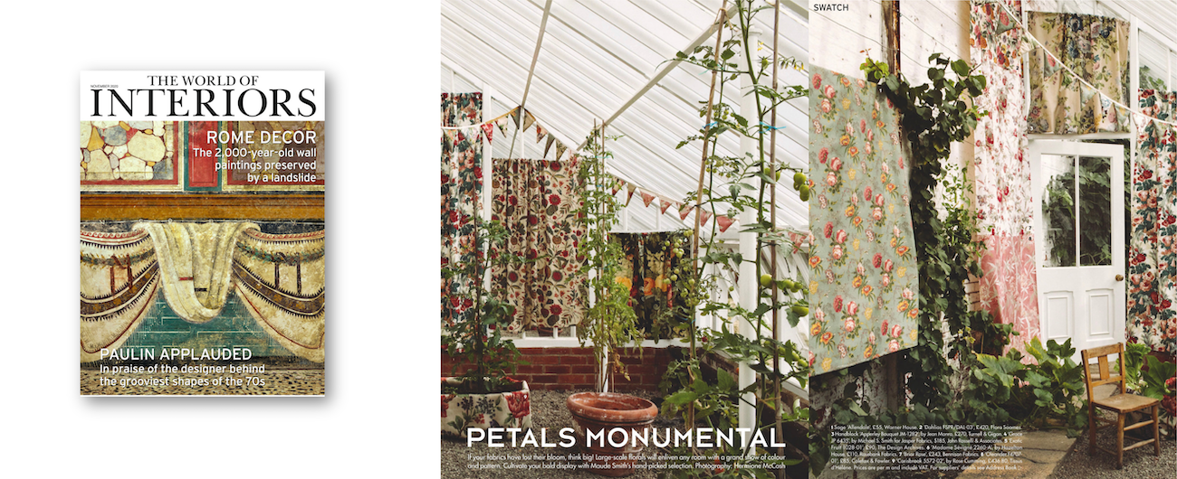 A magazine cover titled 'The World of Interiors' featuring vintage wall paint art. Next, two interiors with floral curtains; one shows a greenhouse with tomato plants and a striped fabric hanging, the other shows an interior with floral fabric panels